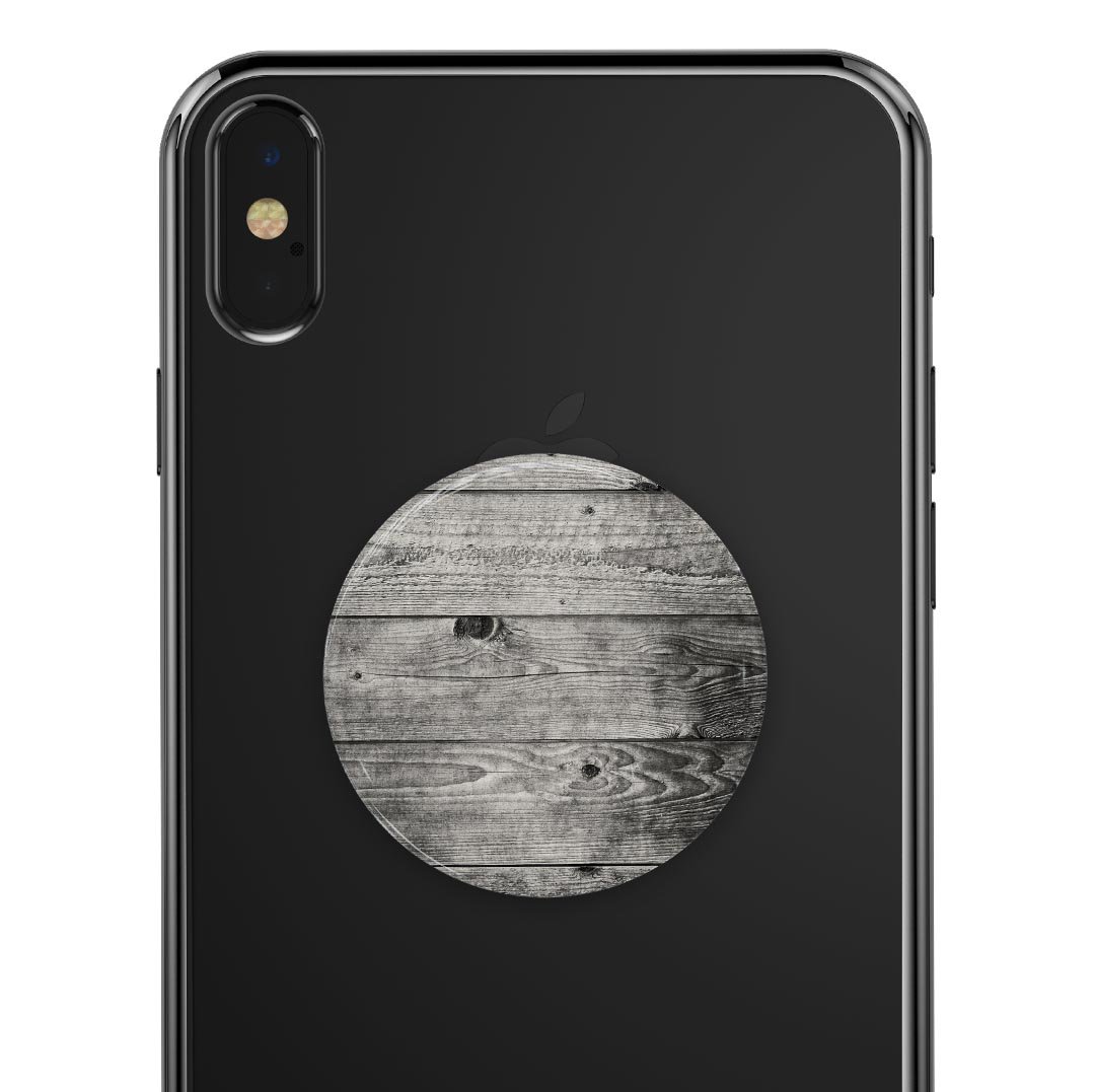 Dark Washed Wood Planks Skin Kit for PopSockets, showcasing a stylish wood design on a smartphone grip.