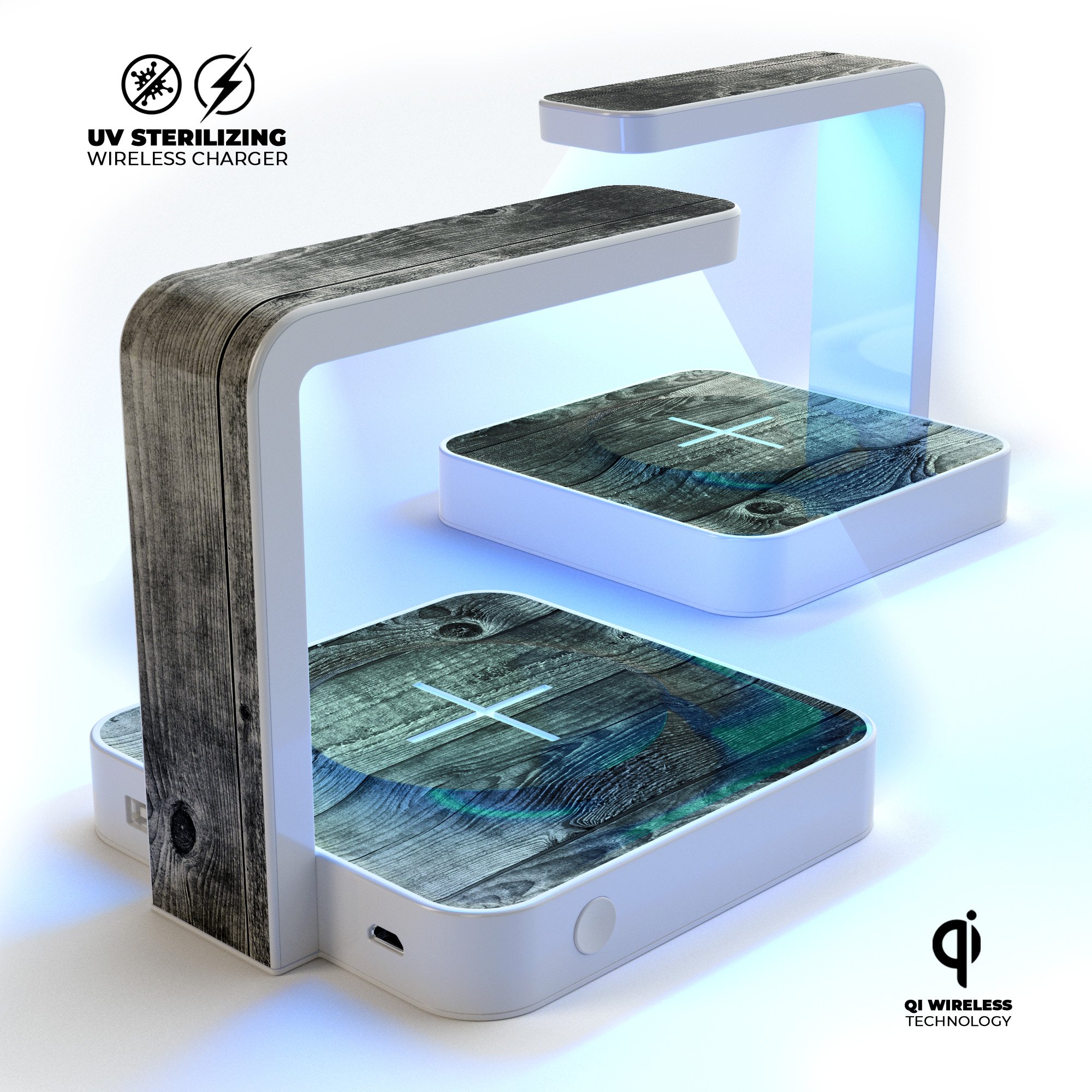 Dark Washed Wood Planks UV Germicidal Sanitizing Wireless Charger with phone on top, showcasing its sleek design and functionality.