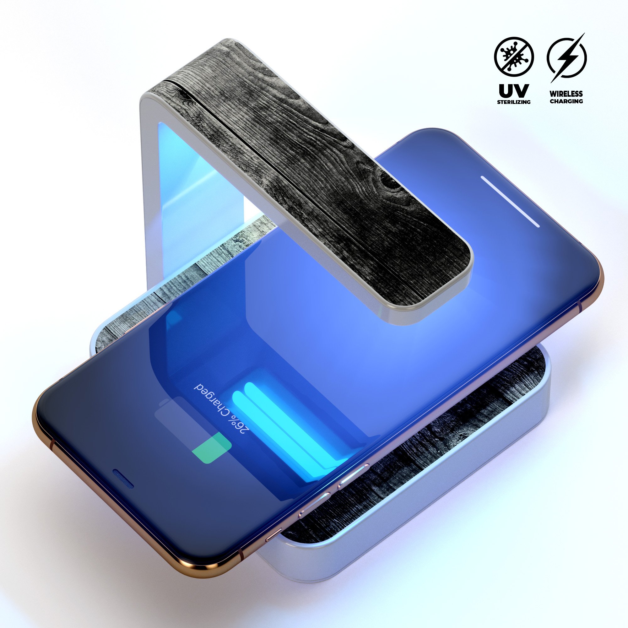 Dark Washed Wood Planks UV Germicidal Sanitizing Wireless Charger with phone on top, showcasing its sleek design and functionality.