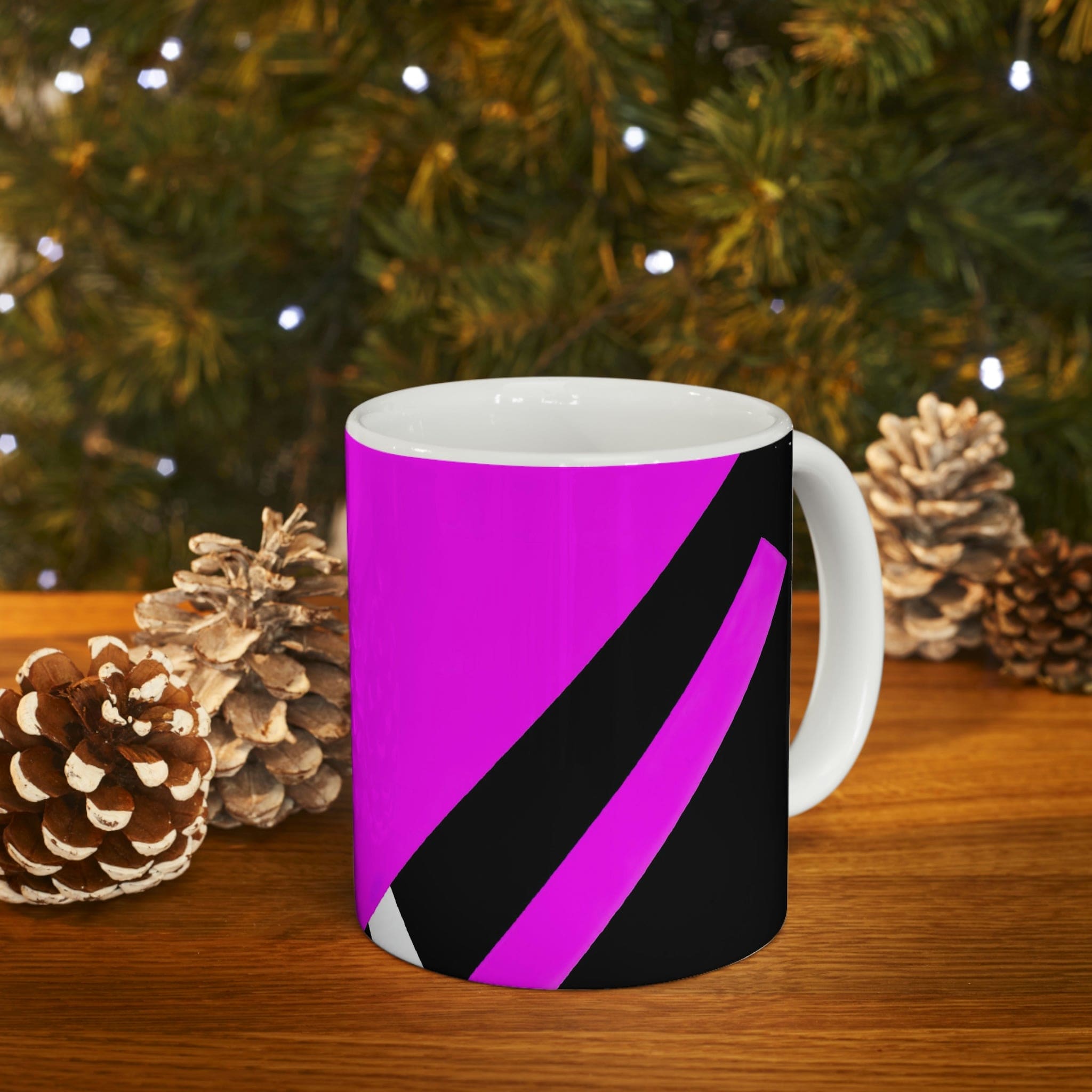 Decorative Ceramic Coffee Mug featuring a black and pink geometric pattern, perfect for coffee, tea, and hot chocolate.