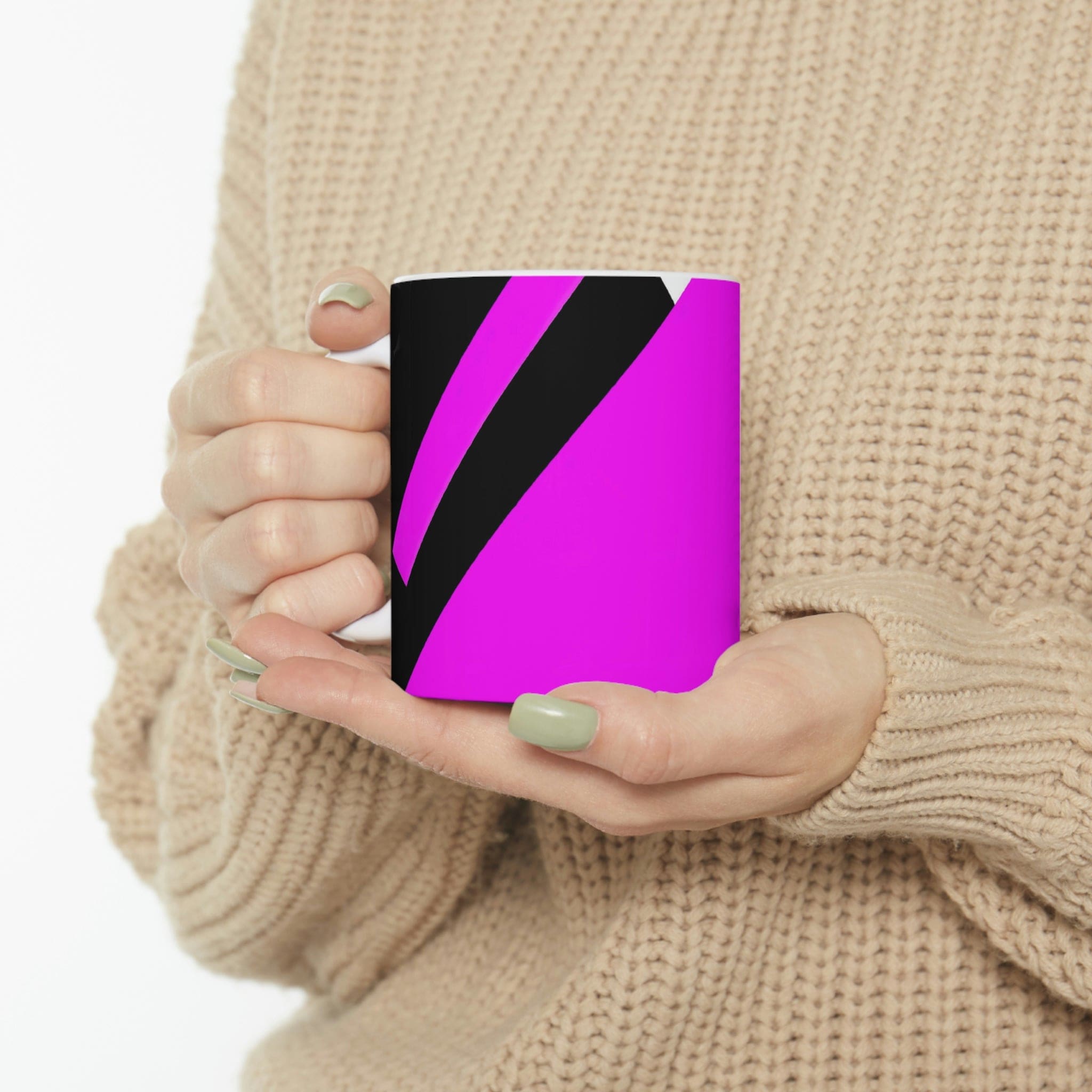 Decorative Ceramic Coffee Mug featuring a black and pink geometric pattern, perfect for coffee, tea, and hot chocolate.