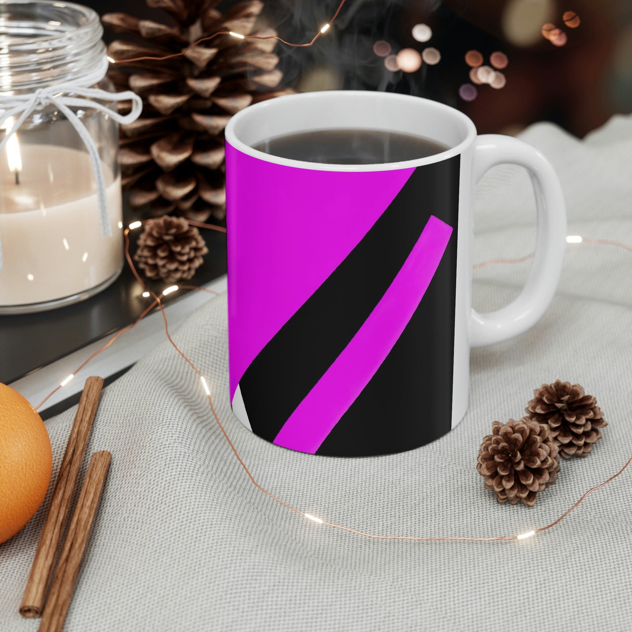 Decorative Ceramic Coffee Mug featuring a black and pink geometric pattern, perfect for coffee, tea, and hot chocolate.