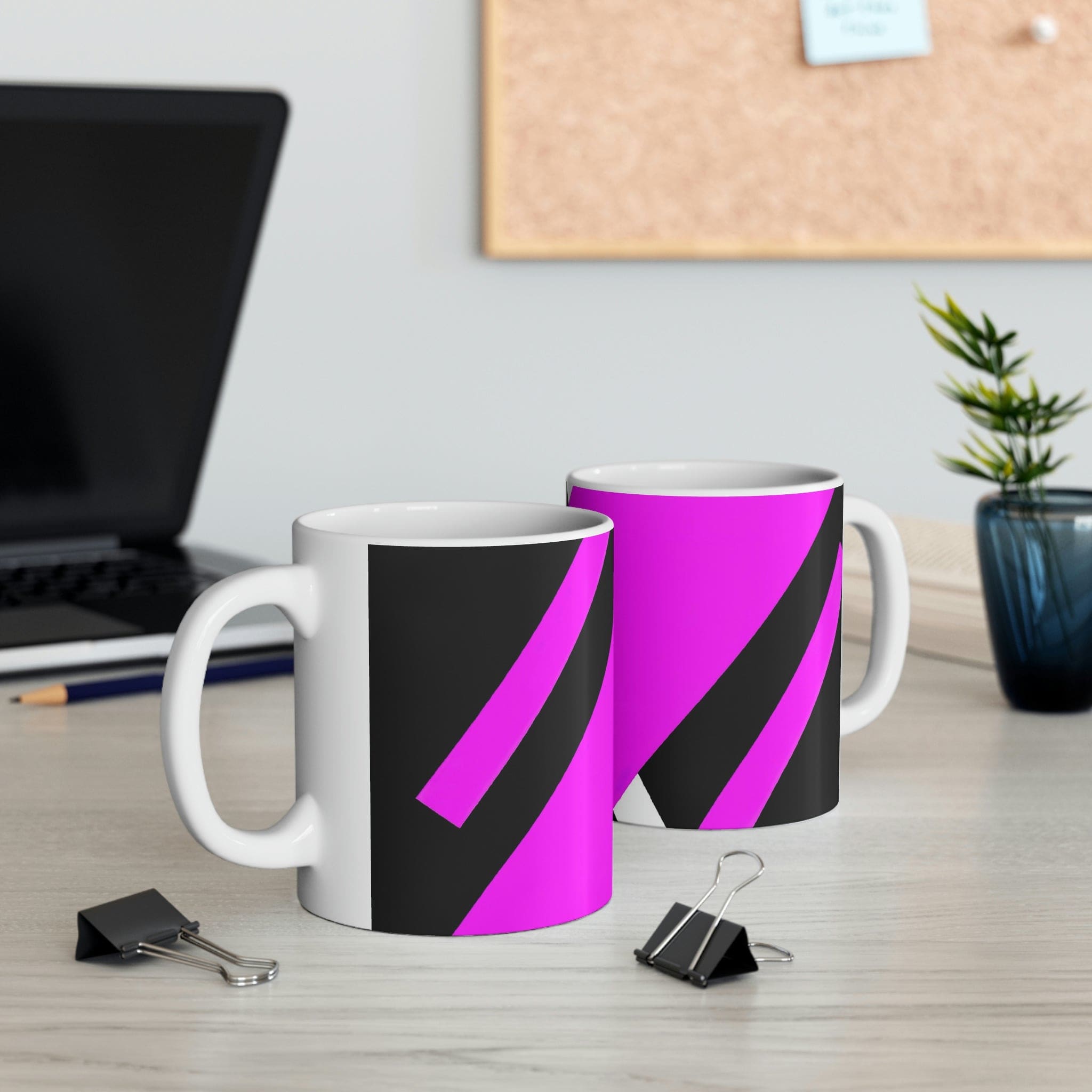 Decorative Ceramic Coffee Mug featuring a black and pink geometric pattern, perfect for coffee, tea, and hot chocolate.