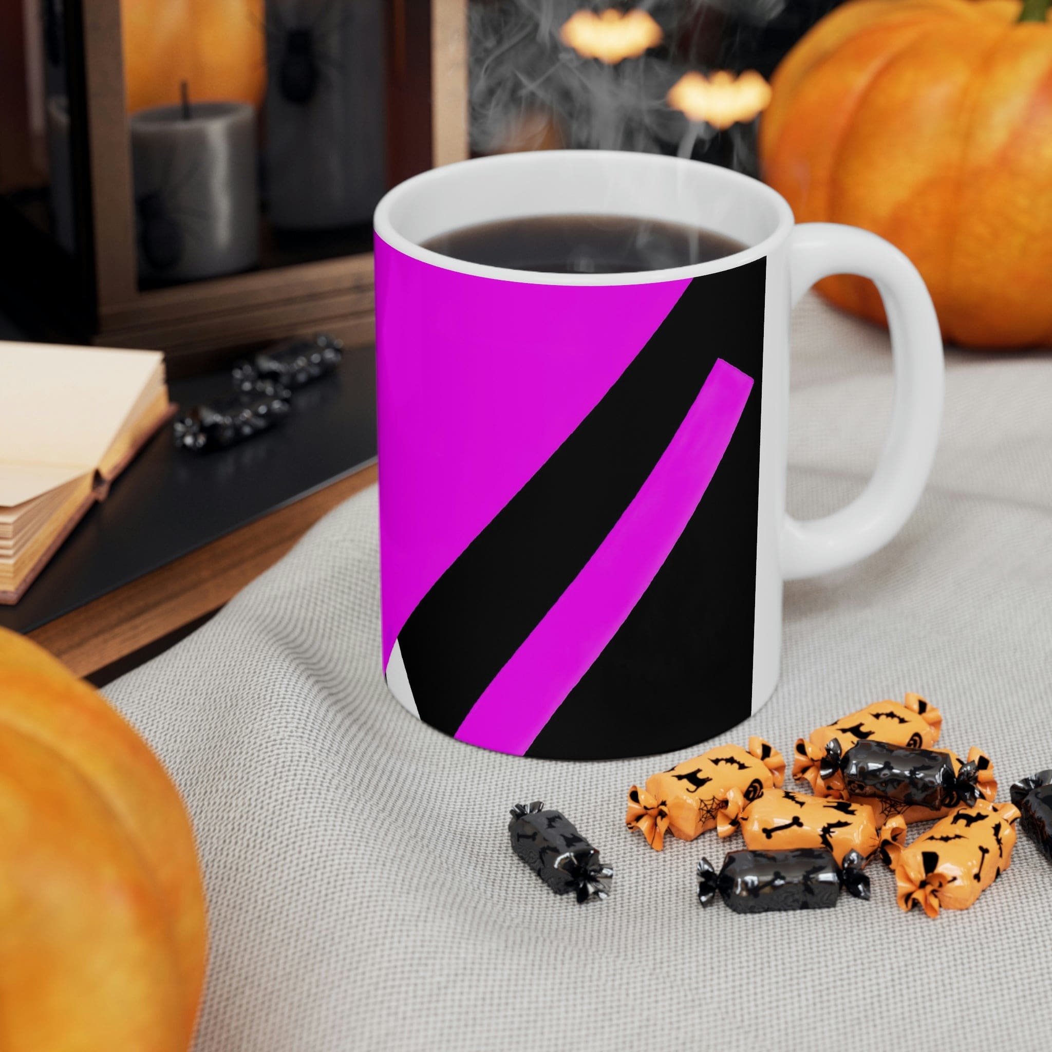 Decorative Ceramic Coffee Mug featuring a black and pink geometric pattern, perfect for coffee, tea, and hot chocolate.