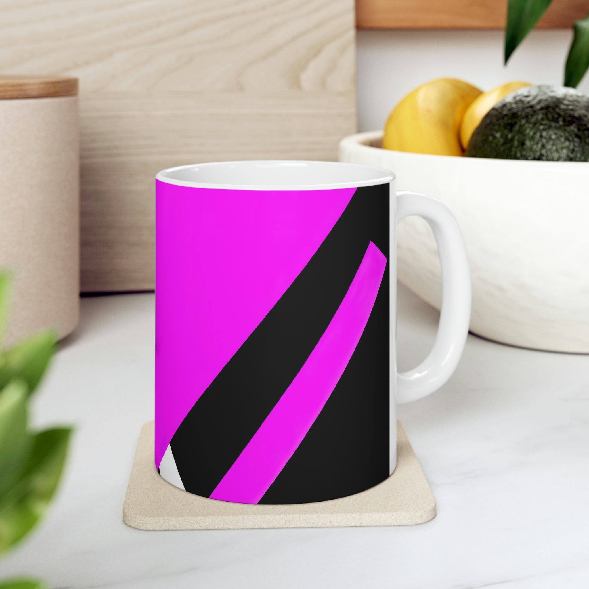 Decorative Ceramic Coffee Mug featuring a black and pink geometric pattern, perfect for coffee, tea, and hot chocolate.