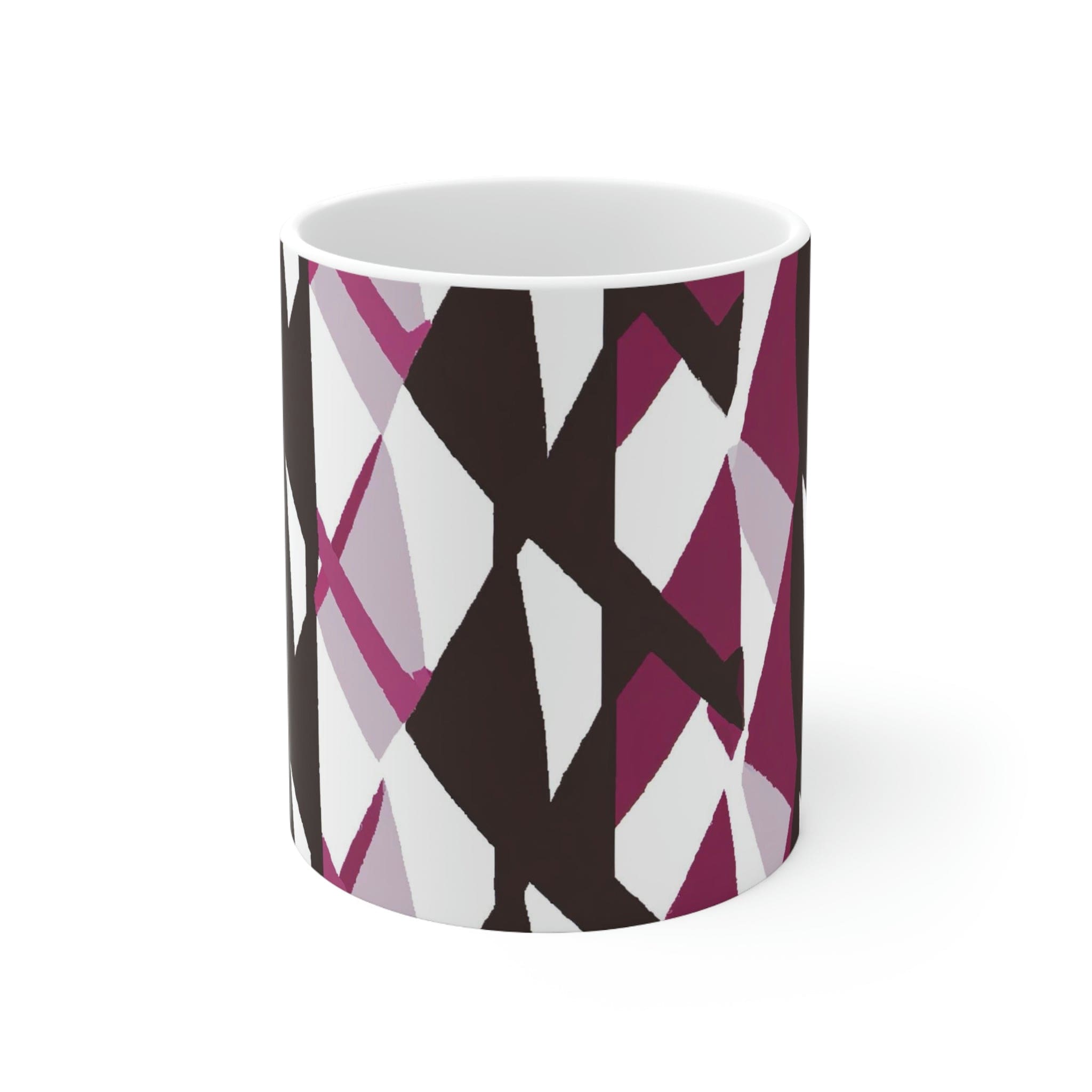 Decorative ceramic coffee mug in mauve pink and maroon geometric pattern, showcasing its elegant design and durable ceramic material.