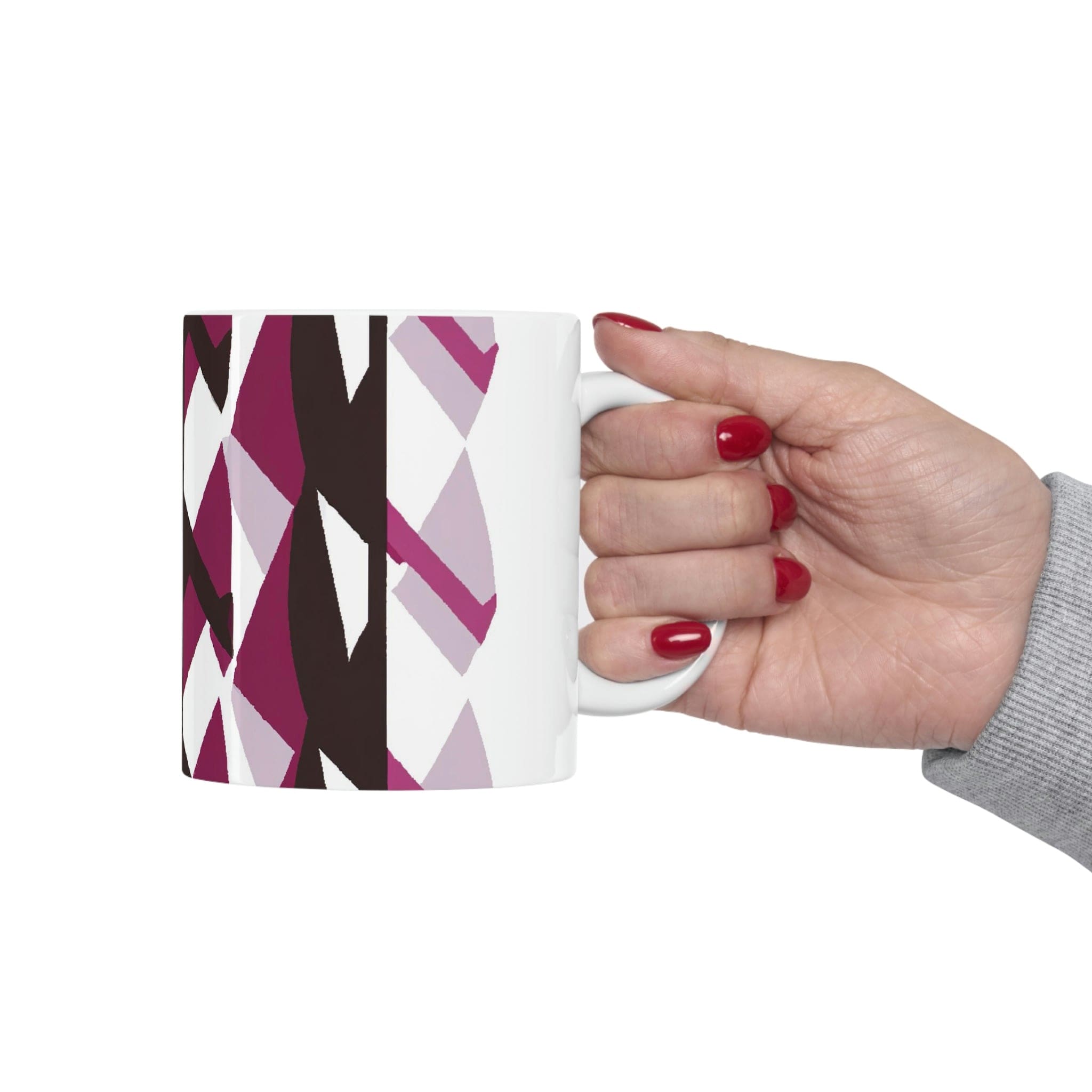 Decorative ceramic coffee mug in mauve pink and maroon geometric pattern, showcasing its elegant design and durable ceramic material.