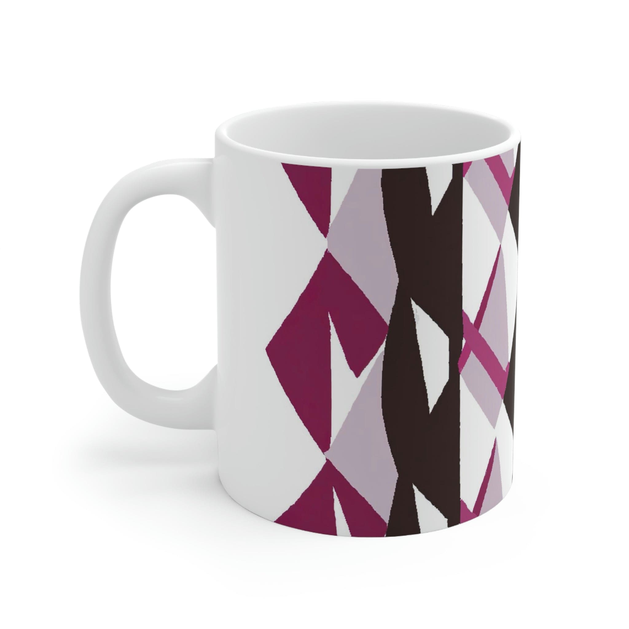 Decorative ceramic coffee mug in mauve pink and maroon geometric pattern, showcasing its elegant design and durable ceramic material.