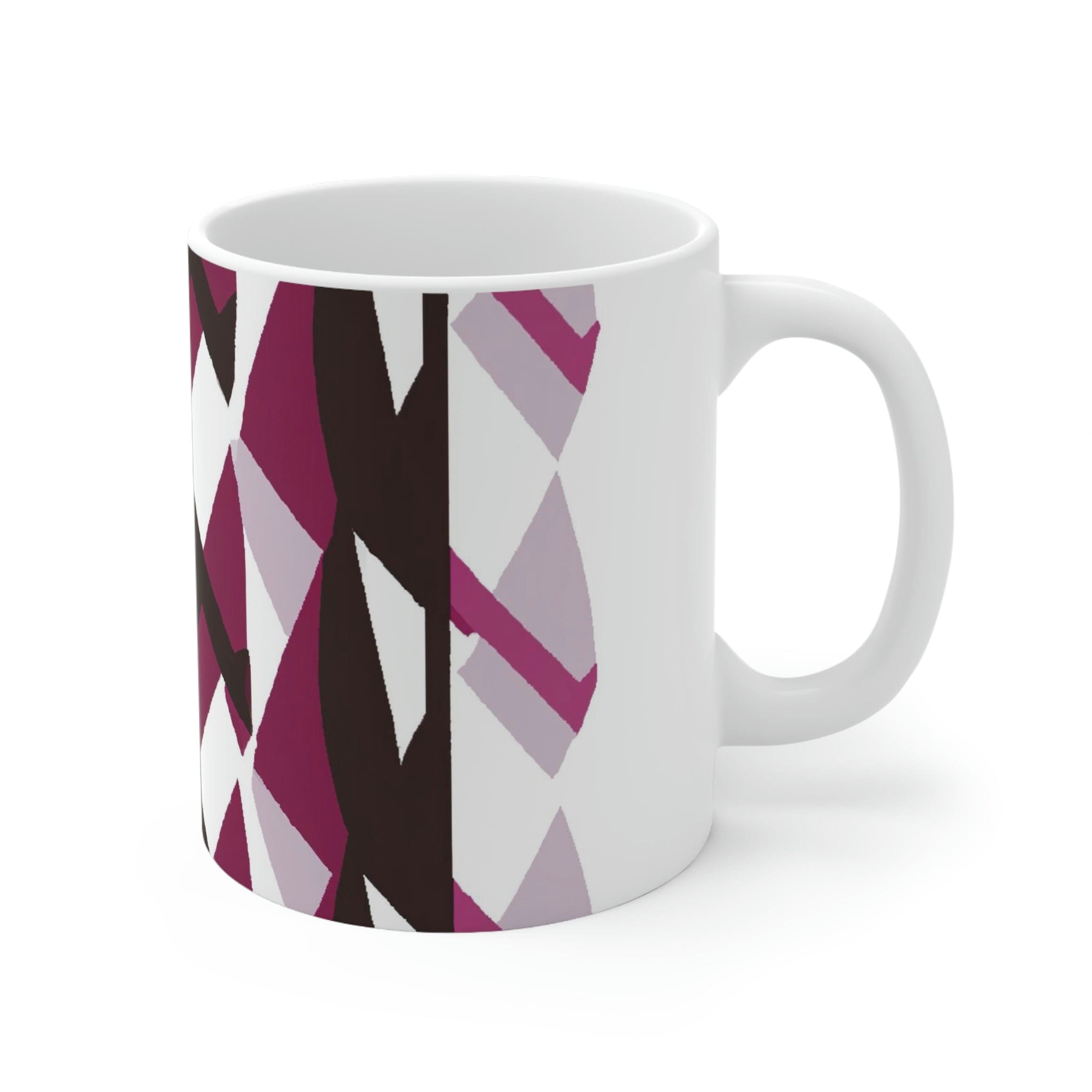 Decorative ceramic coffee mug in mauve pink and maroon geometric pattern, showcasing its elegant design and durable ceramic material.