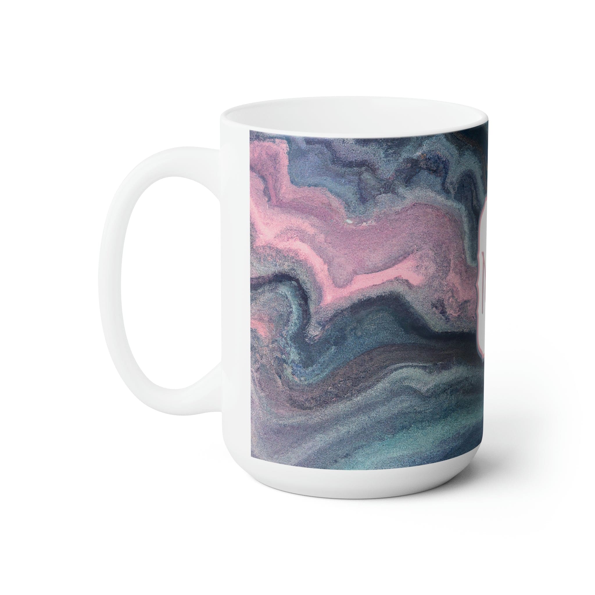 A decorative 15oz ceramic mug featuring a navy blue marble swirl pattern, perfect for hot and cold beverages.