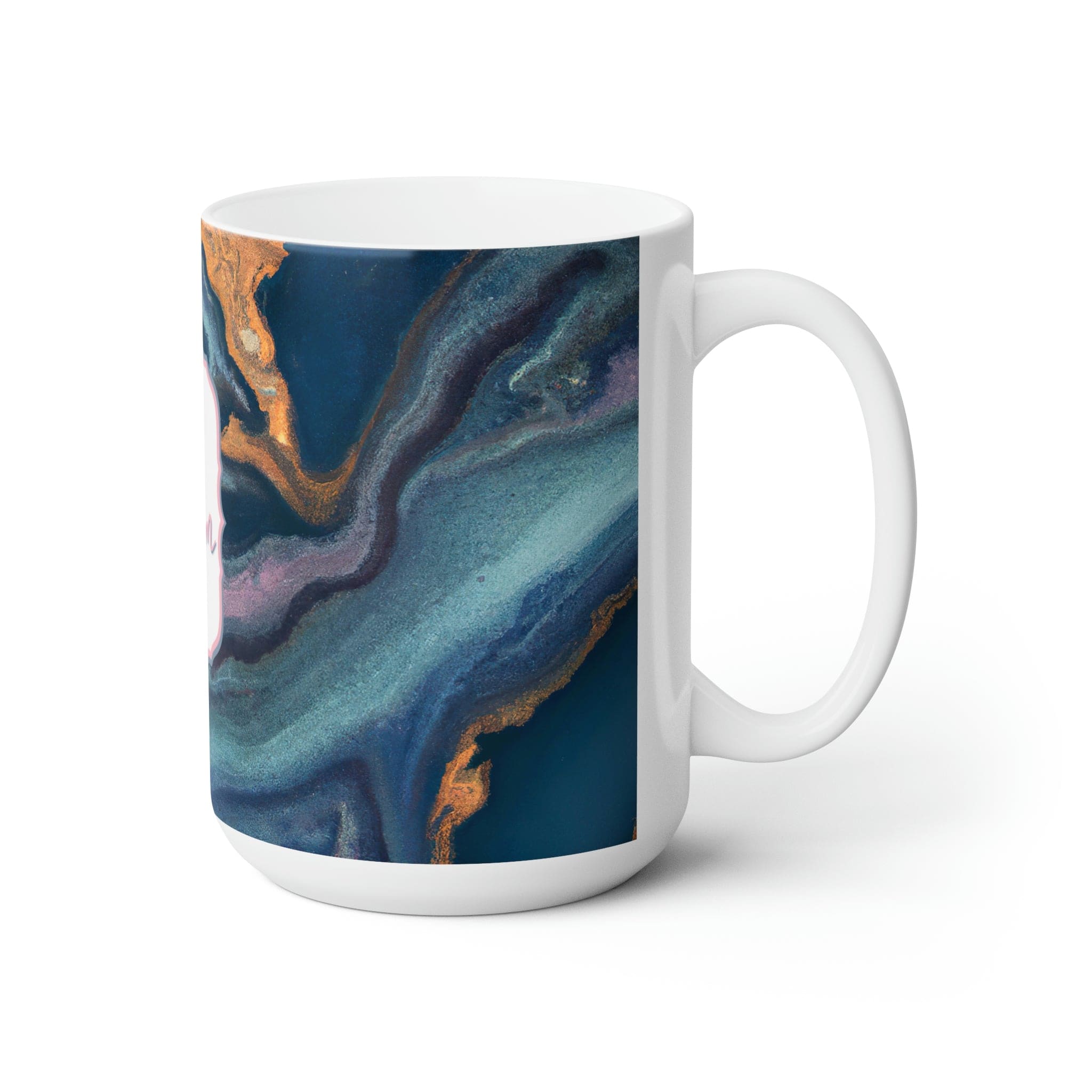 A decorative 15oz ceramic mug featuring a navy blue marble swirl pattern, perfect for hot and cold beverages.