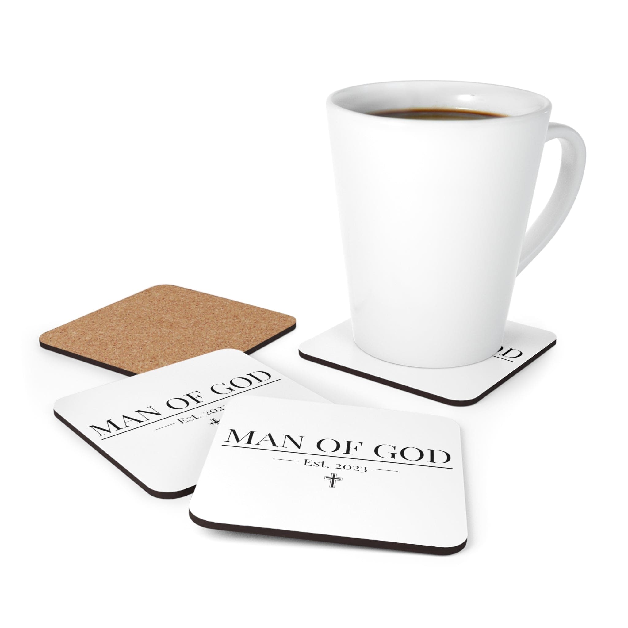 A 4-piece Decorative Coaster Set featuring a high-gloss top and cork back, designed with a faith-based theme, perfect for home decor.