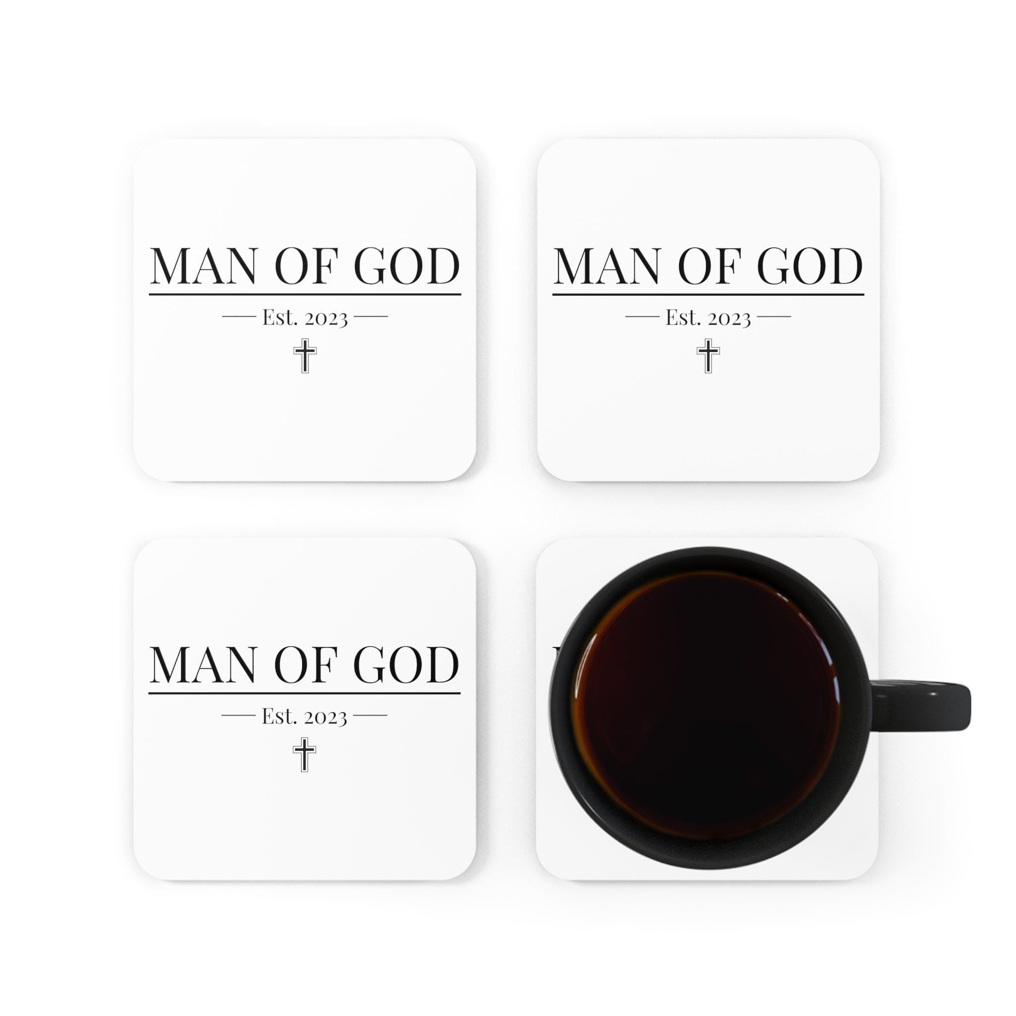 A 4-piece Decorative Coaster Set featuring a high-gloss top and cork back, designed with a faith-based theme, perfect for home decor.