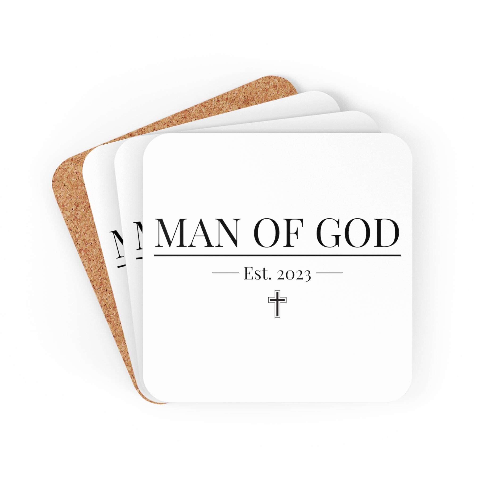 A 4-piece Decorative Coaster Set featuring a high-gloss top and cork back, designed with a faith-based theme, perfect for home decor.