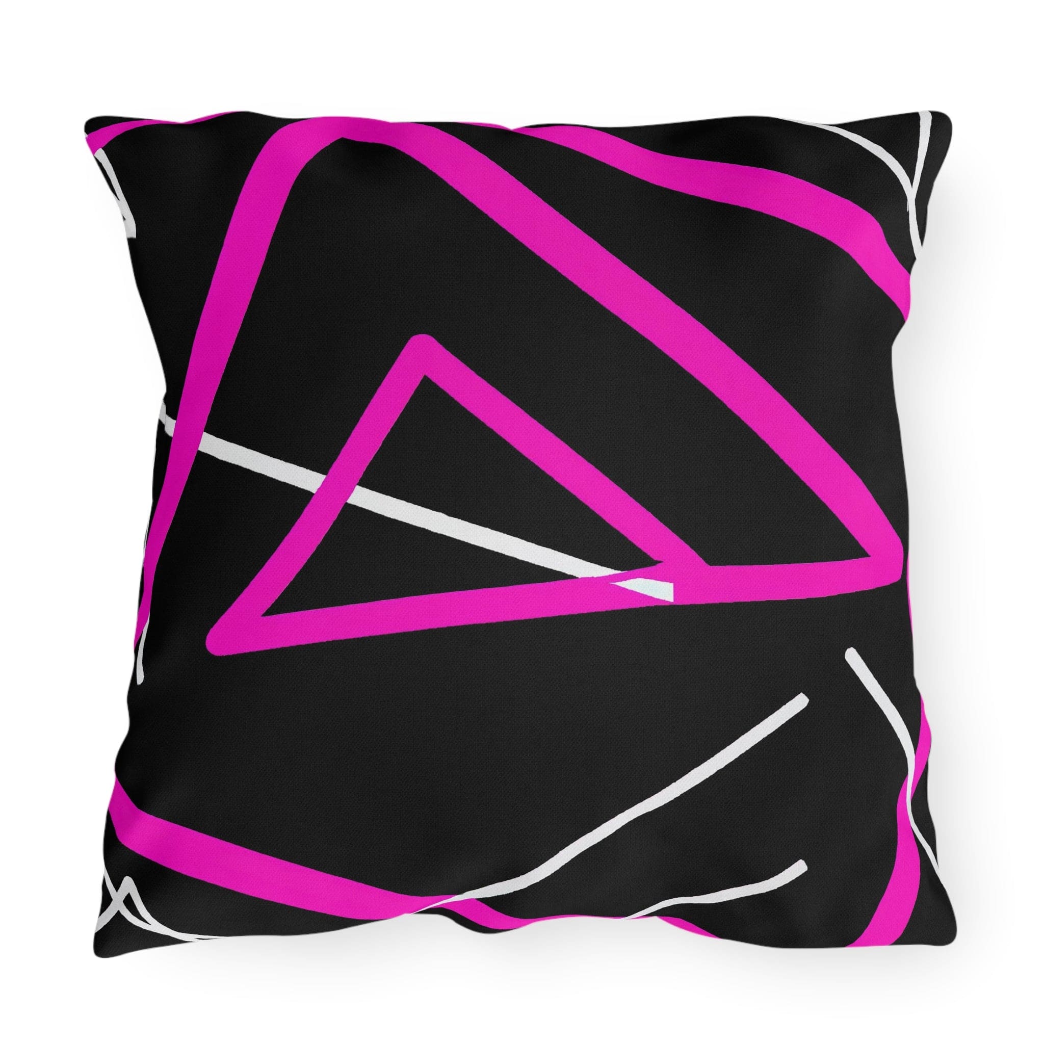 Decorative indoor/outdoor pillow featuring a black and pink geometric pattern, showcasing vibrant colors and unique design.