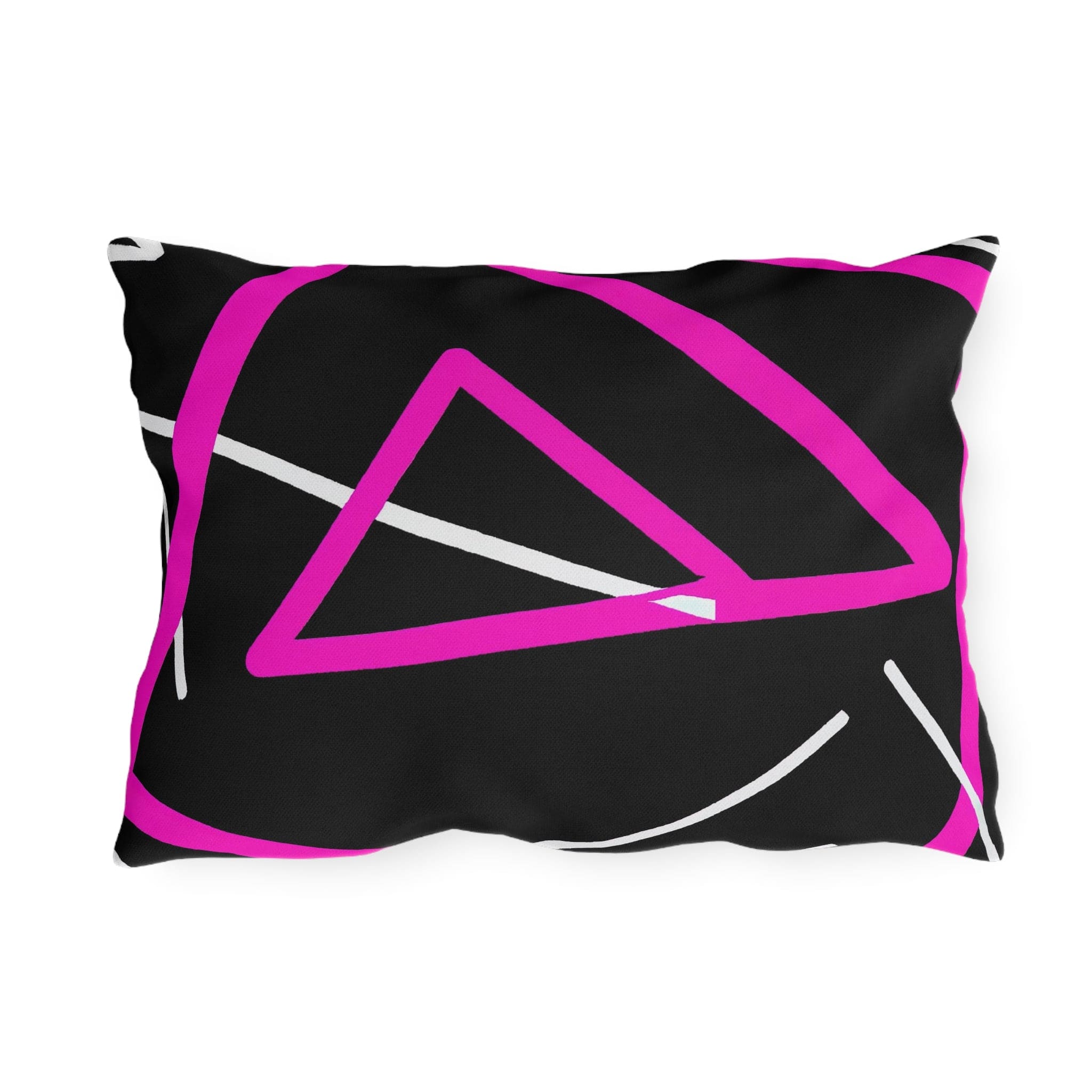 Decorative indoor/outdoor pillow featuring a black and pink geometric pattern, showcasing vibrant colors and unique design.