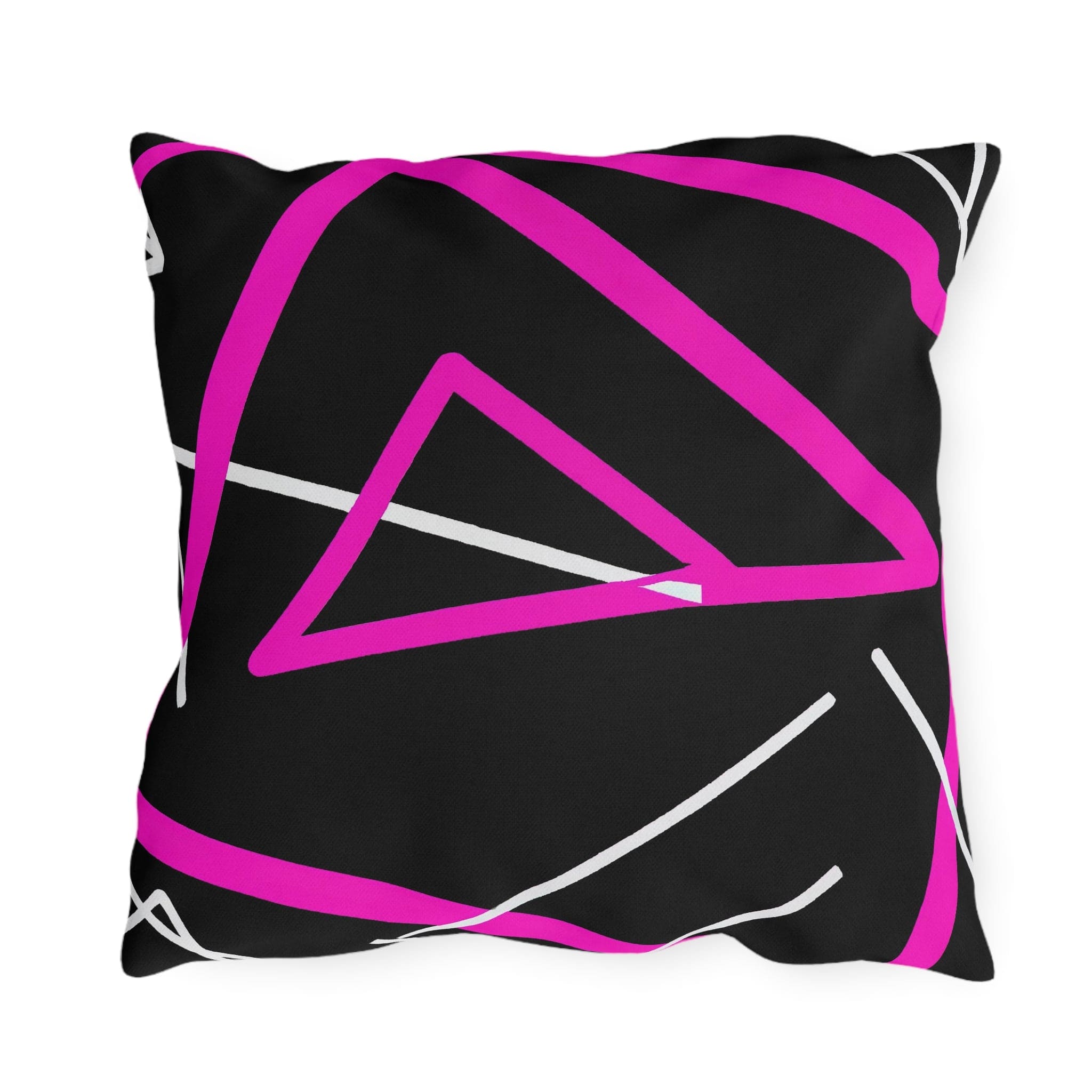 Decorative indoor/outdoor pillow featuring a black and pink geometric pattern, showcasing vibrant colors and unique design.