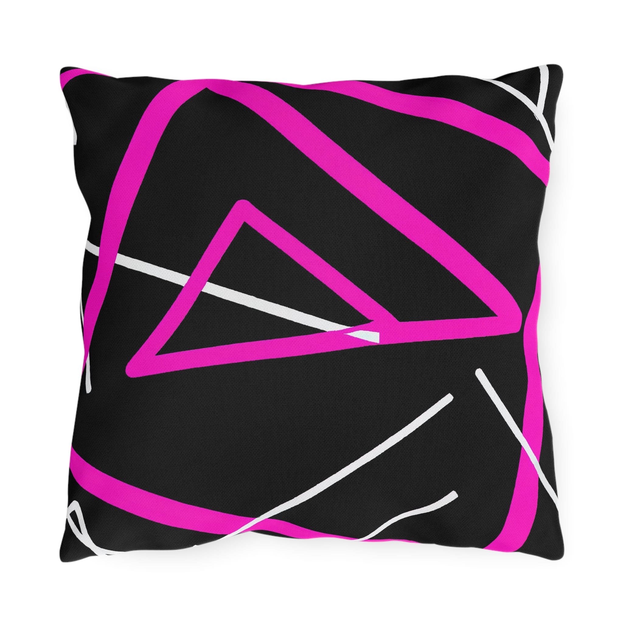 Decorative indoor/outdoor pillow featuring a black and pink geometric pattern, showcasing vibrant colors and unique design.