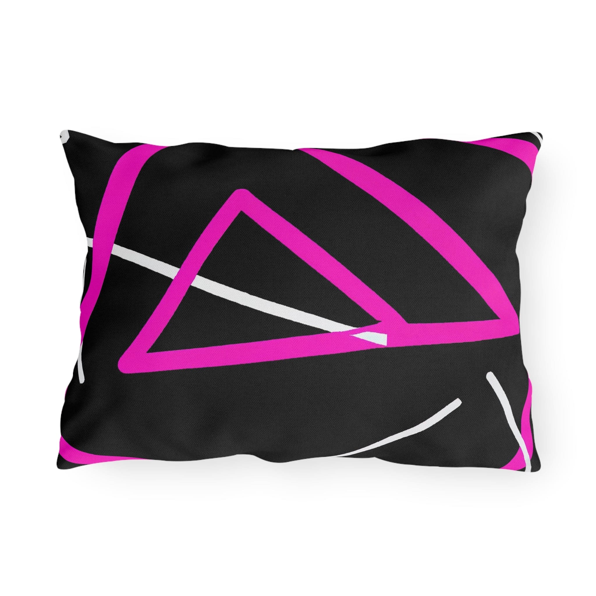 Decorative indoor/outdoor pillow featuring a black and pink geometric pattern, showcasing vibrant colors and unique design.