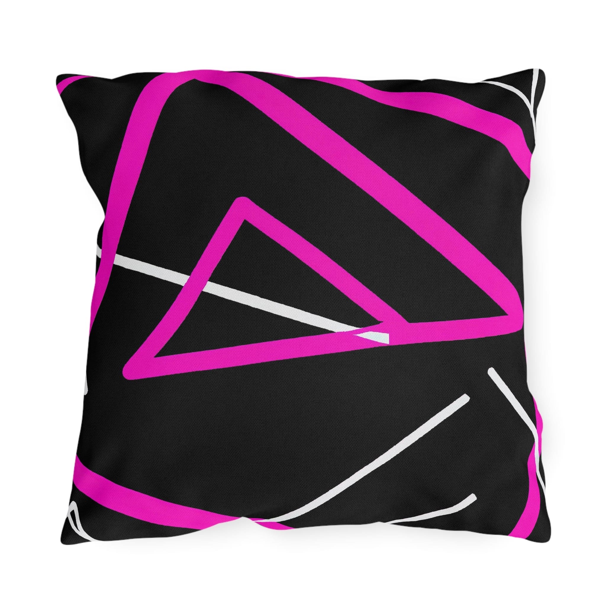 Decorative indoor/outdoor pillow featuring a black and pink geometric pattern, showcasing vibrant colors and unique design.