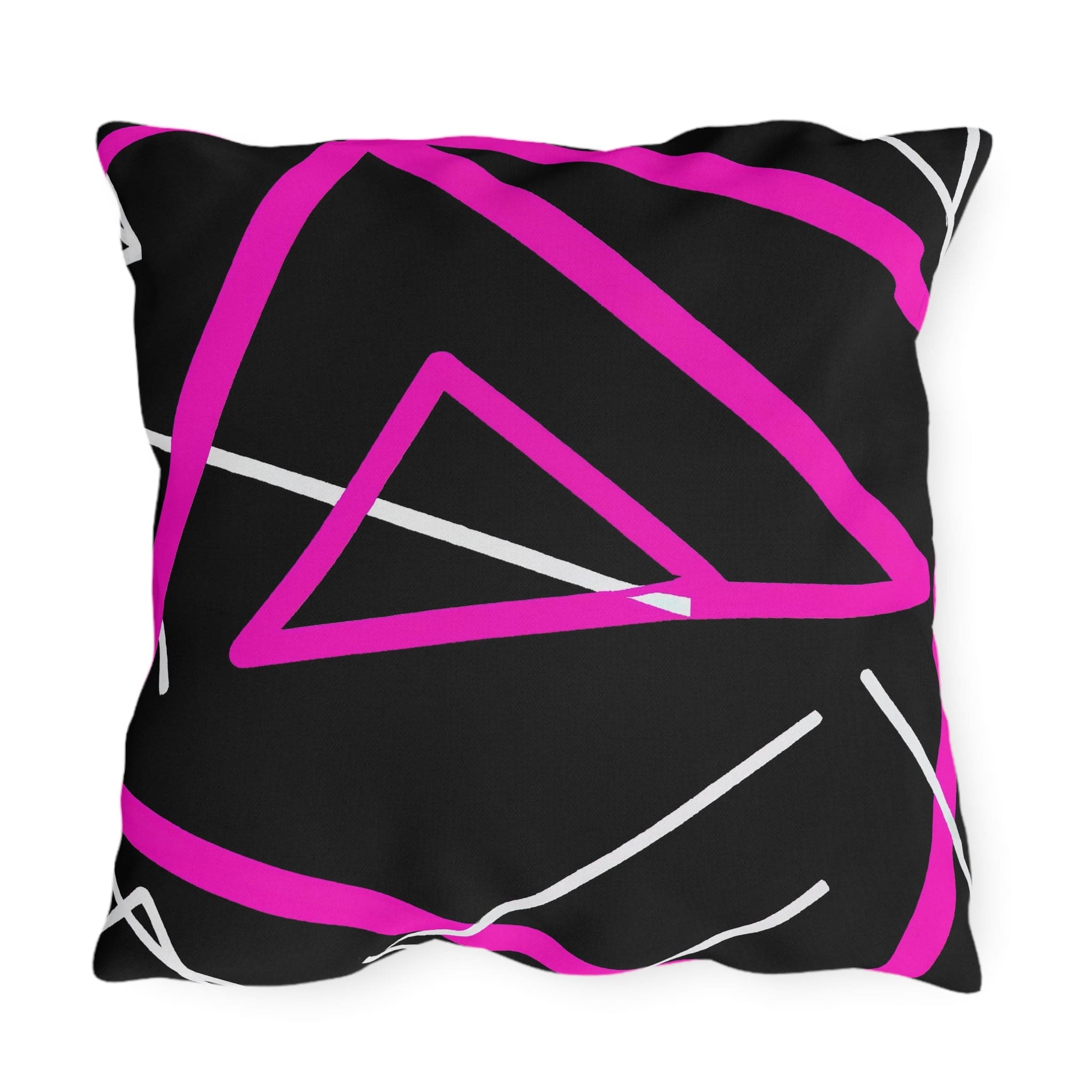 Decorative indoor/outdoor pillow featuring a black and pink geometric pattern, showcasing vibrant colors and unique design.