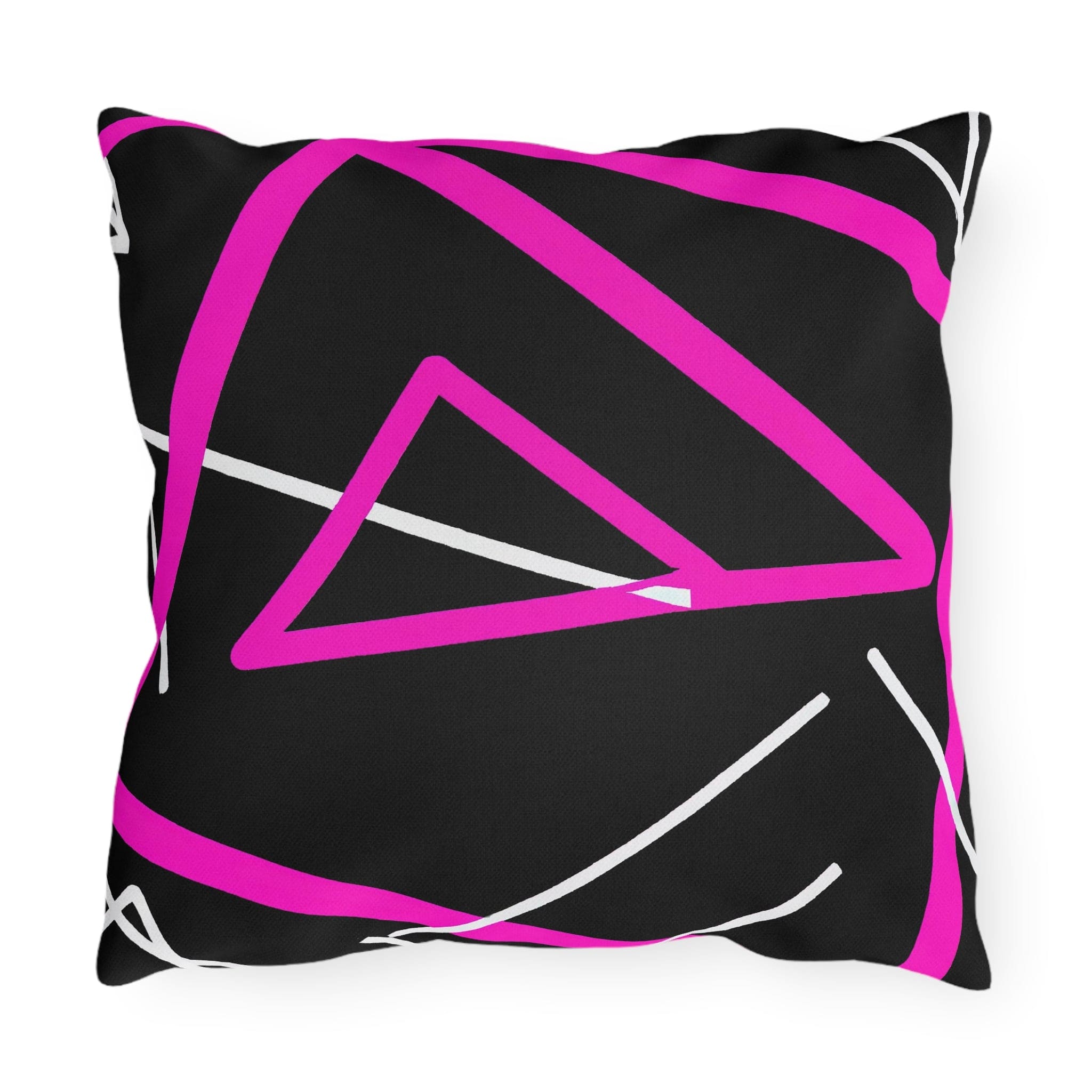 Decorative indoor/outdoor pillow featuring a black and pink geometric pattern, showcasing vibrant colors and unique design.