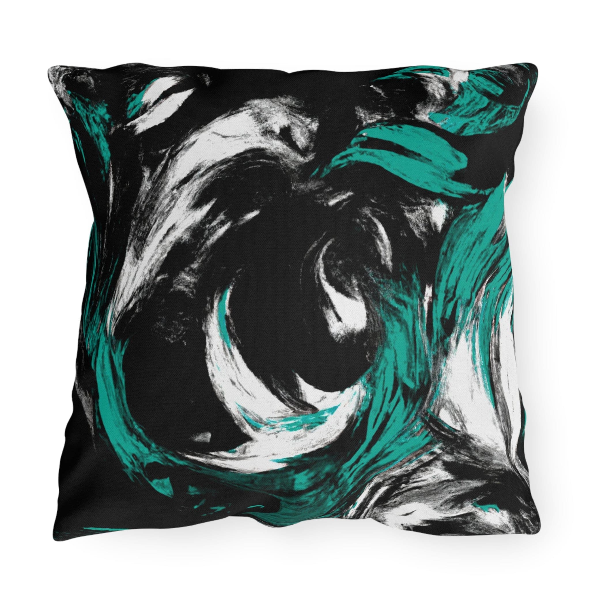 Decorative indoor/outdoor pillow featuring a black, green, and white abstract pattern, ideal for enhancing outdoor decor.