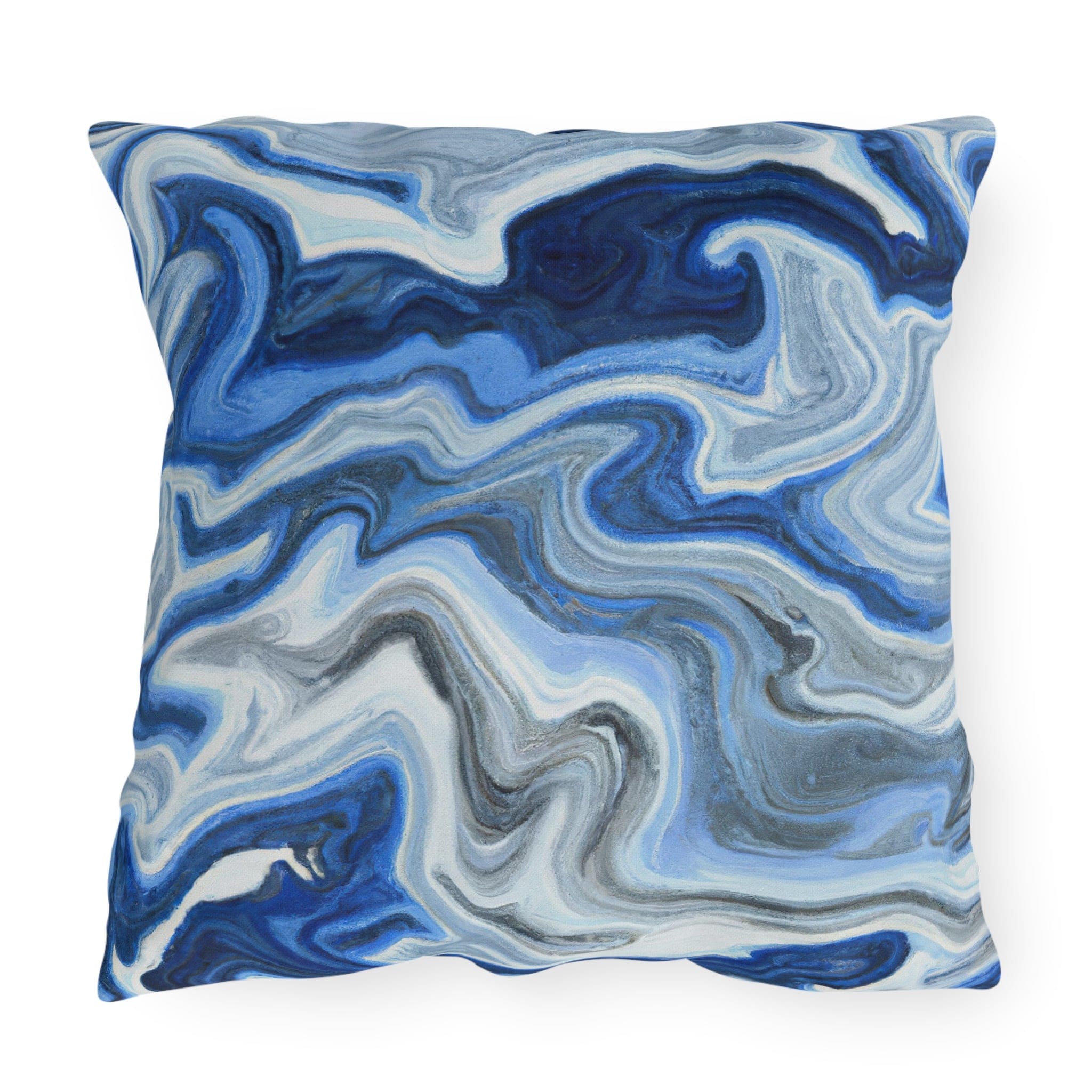 Decorative indoor/outdoor pillow featuring a blue, white, and grey marble pattern, ideal for enhancing outdoor decor.