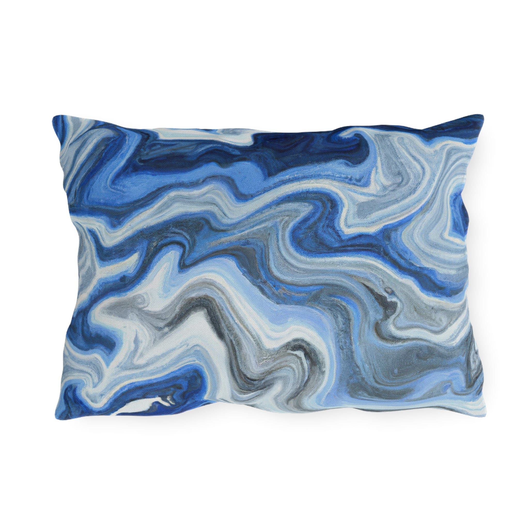 Decorative indoor/outdoor pillow featuring a blue, white, and grey marble pattern, ideal for enhancing outdoor decor.