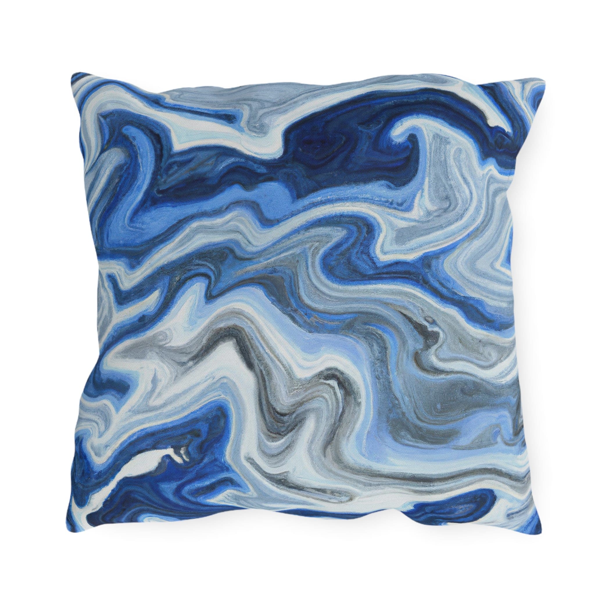 Decorative indoor/outdoor pillow featuring a blue, white, and grey marble pattern, ideal for enhancing outdoor decor.