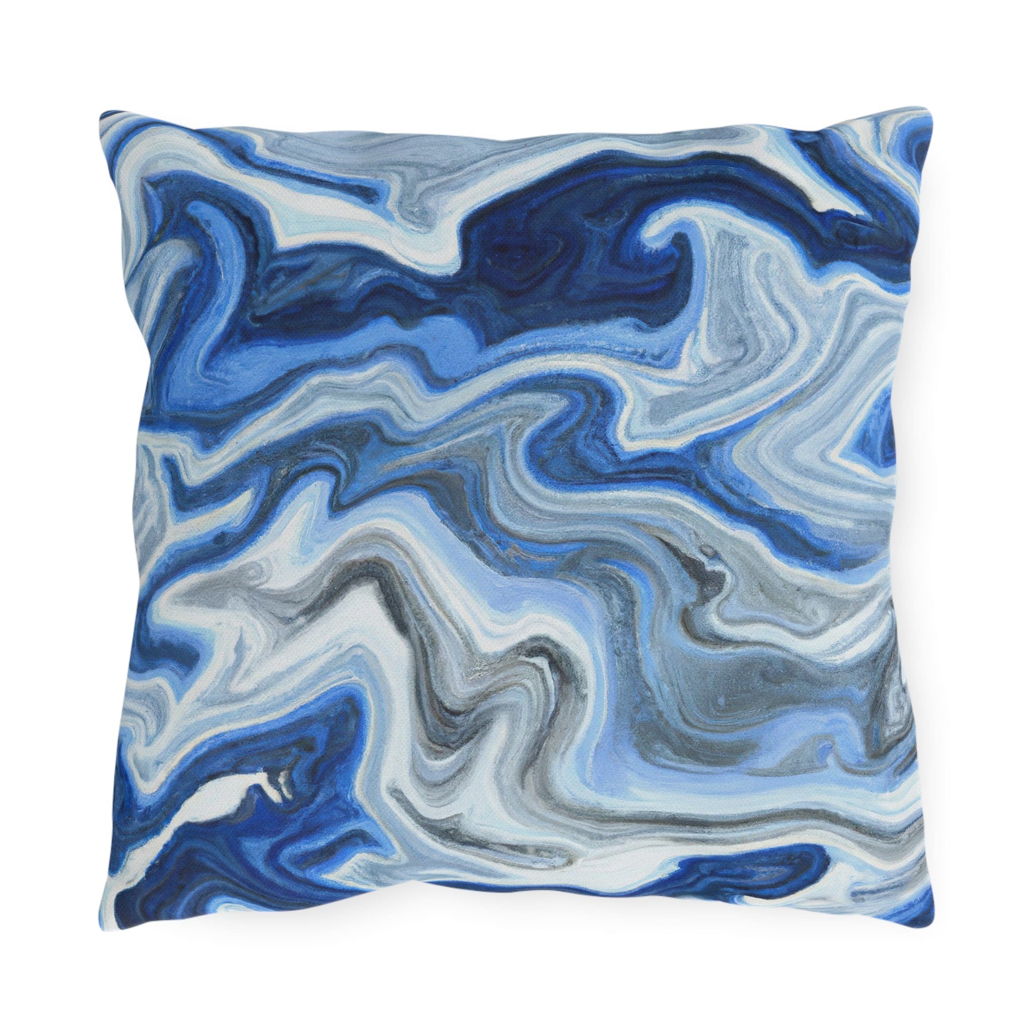 Decorative indoor/outdoor pillow featuring a blue, white, and grey marble pattern, ideal for enhancing outdoor decor.