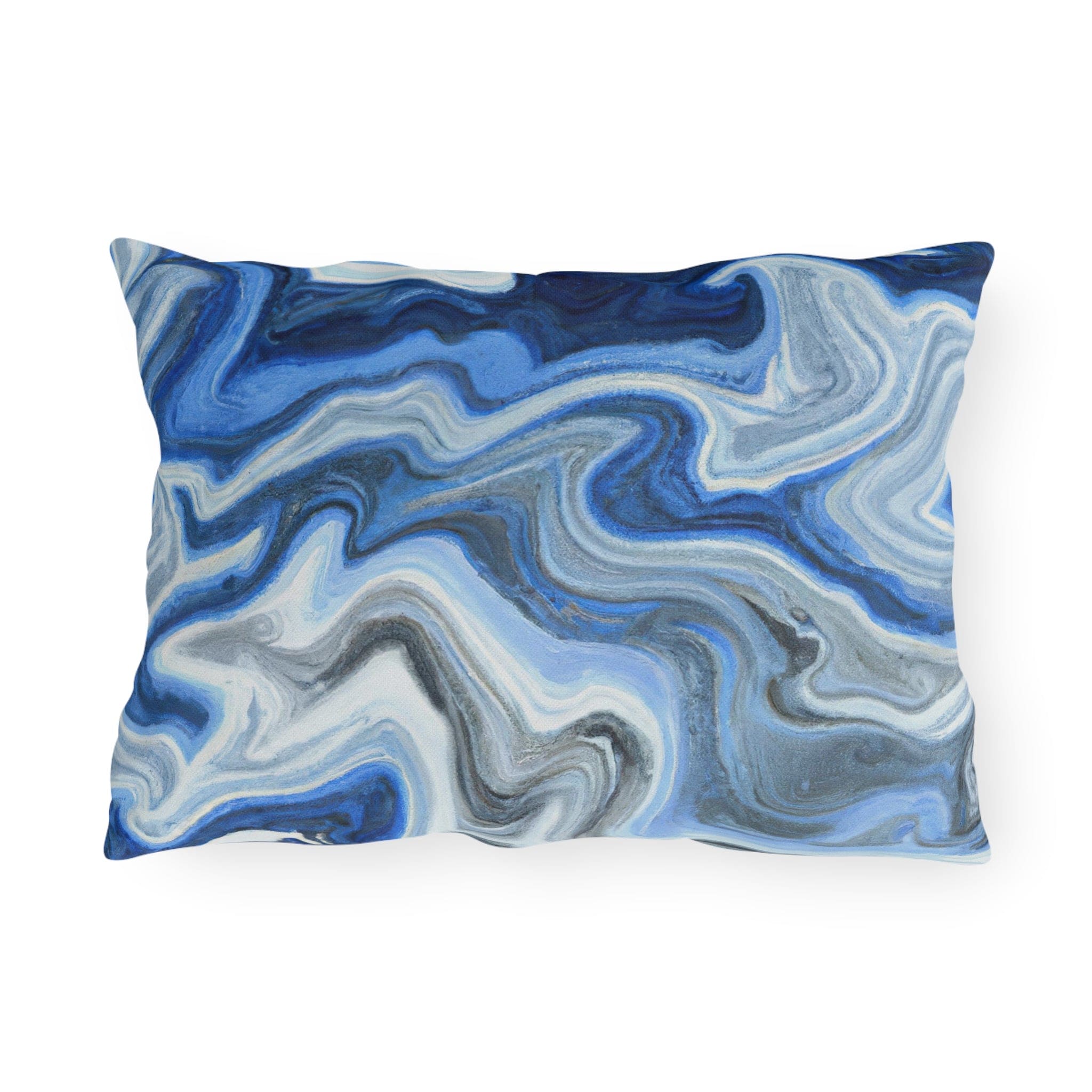 Decorative indoor/outdoor pillow featuring a blue, white, and grey marble pattern, ideal for enhancing outdoor decor.