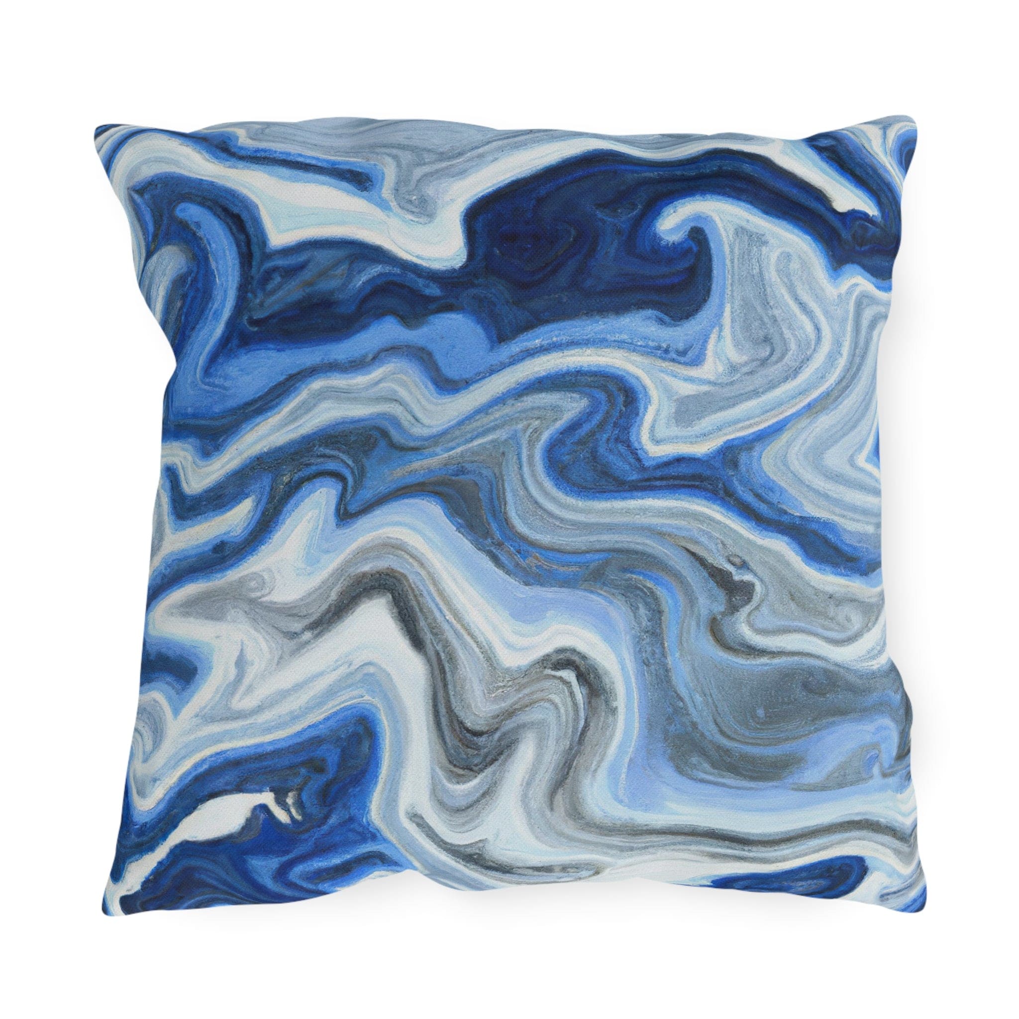 Decorative indoor/outdoor pillow featuring a blue, white, and grey marble pattern, ideal for enhancing outdoor decor.