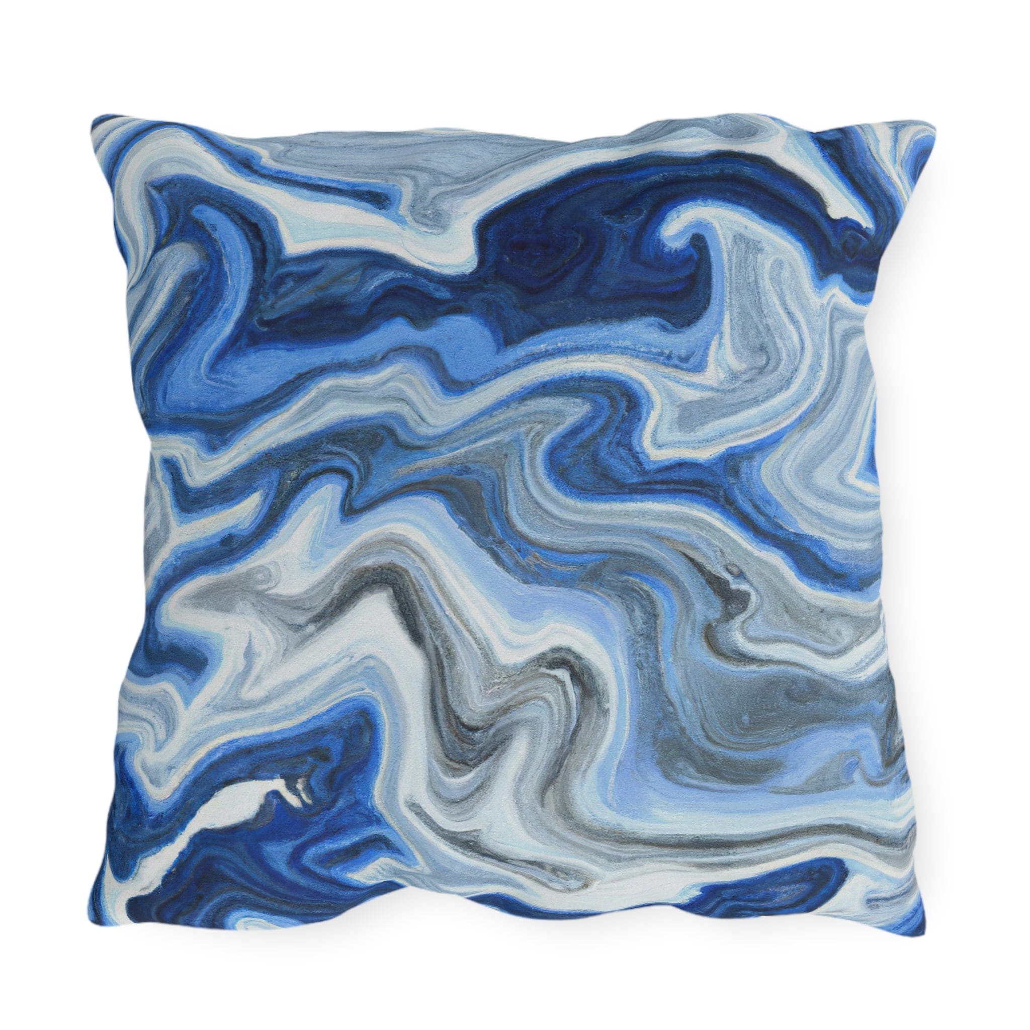 Decorative indoor/outdoor pillow featuring a blue, white, and grey marble pattern, ideal for enhancing outdoor decor.