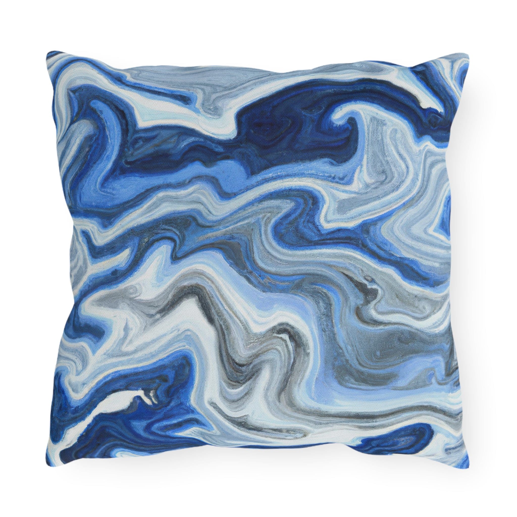 Decorative indoor/outdoor pillow featuring a blue, white, and grey marble pattern, ideal for enhancing outdoor decor.