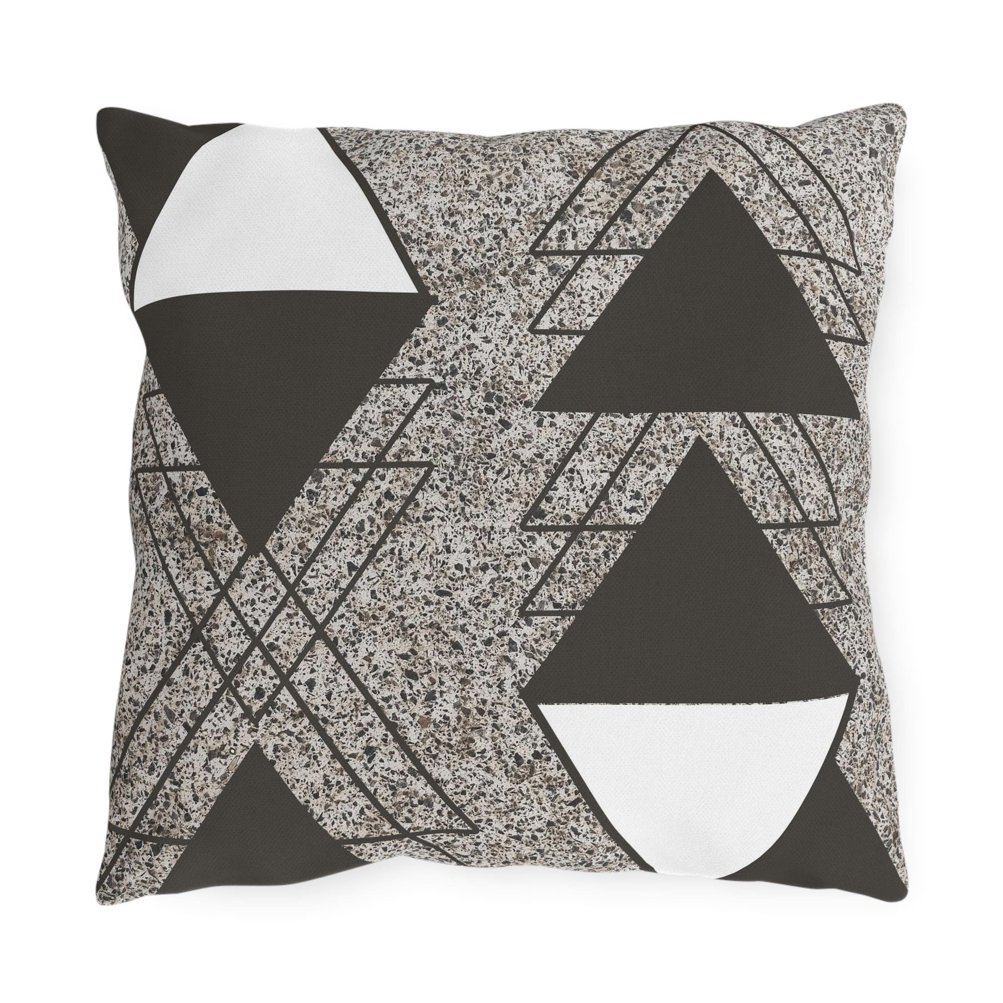 Brown and white triangular decorative pillow designed for indoor and outdoor use, showcasing vibrant patterns and unique design.