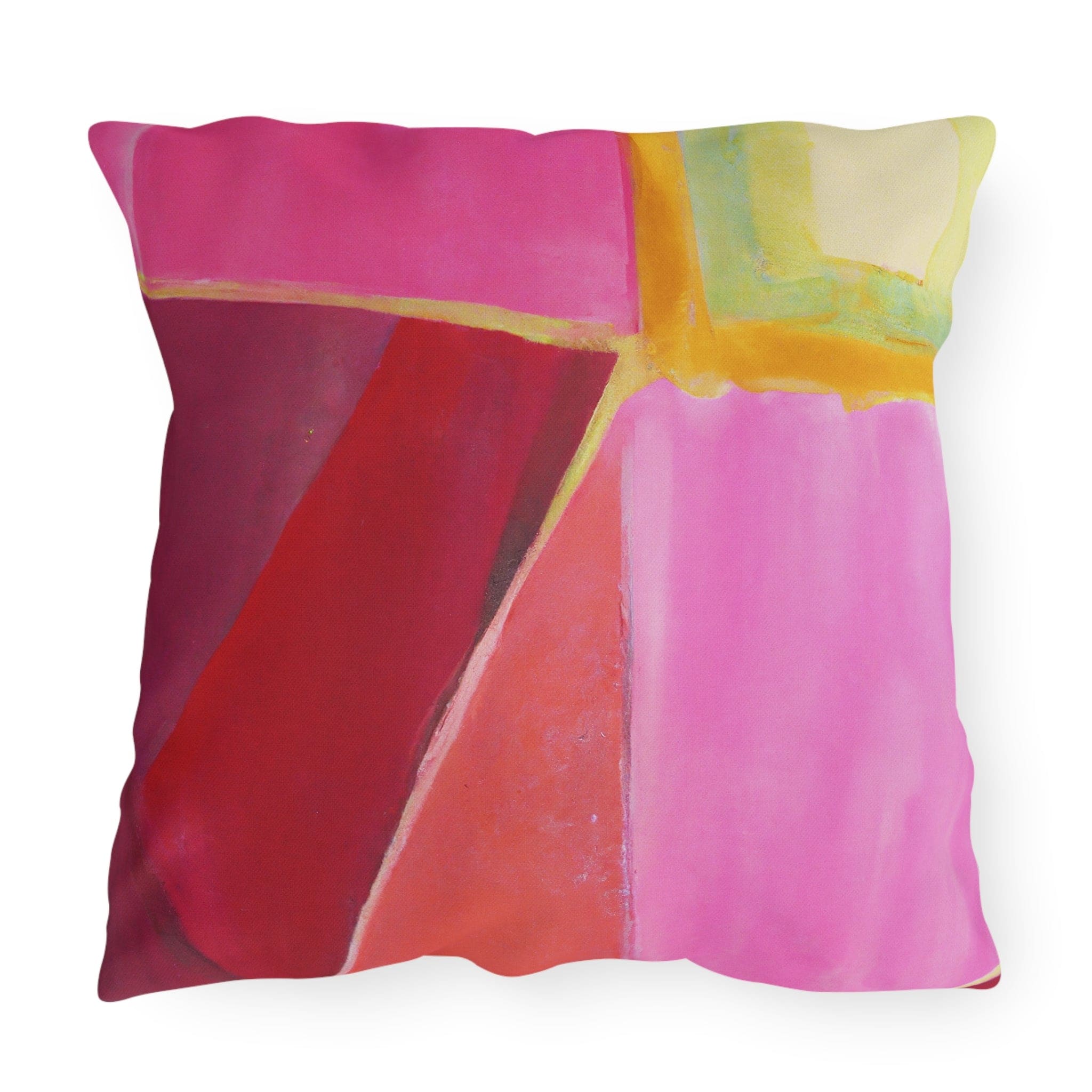 Decorative indoor/outdoor pillow featuring a pink mauve red geometric pattern, perfect for enhancing outdoor decor.