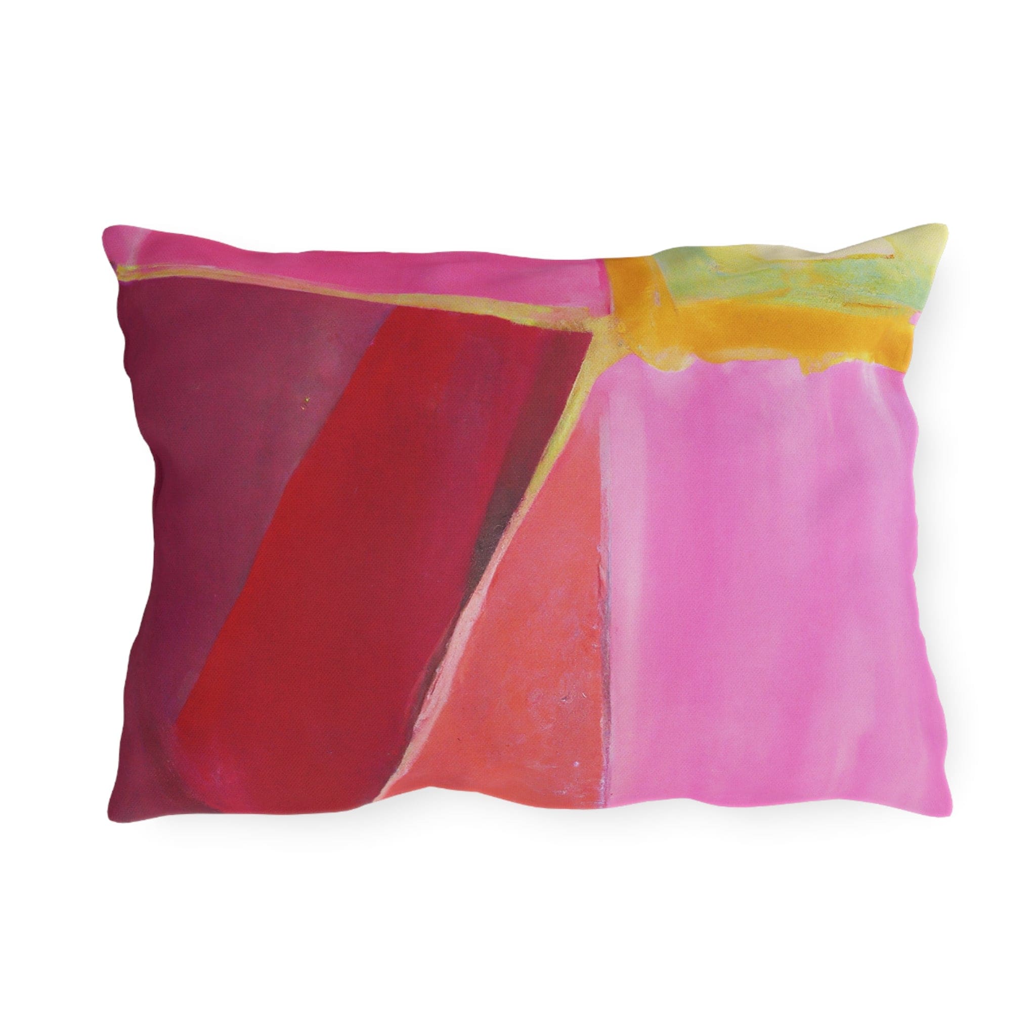 Decorative indoor/outdoor pillow featuring a pink mauve red geometric pattern, perfect for enhancing outdoor decor.