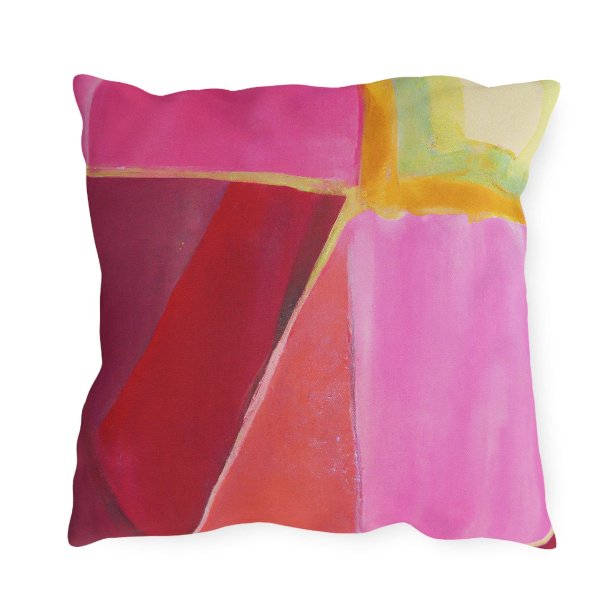 Decorative indoor/outdoor pillow featuring a pink mauve red geometric pattern, perfect for enhancing outdoor decor.