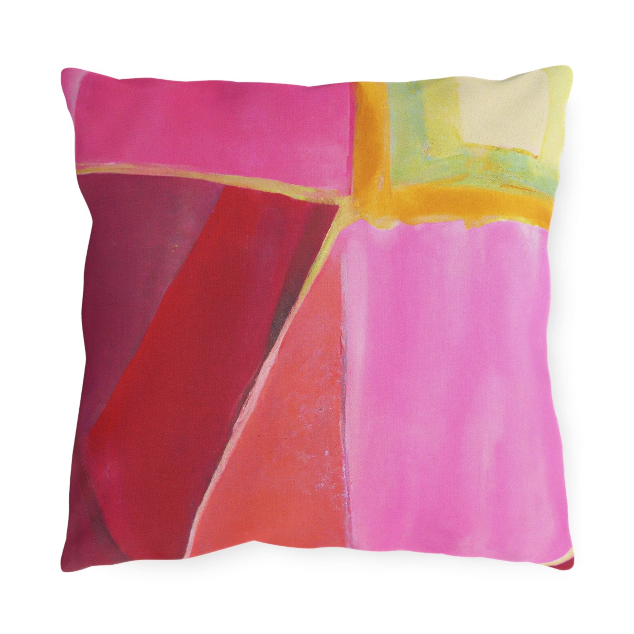 Decorative indoor/outdoor pillow featuring a pink mauve red geometric pattern, perfect for enhancing outdoor decor.