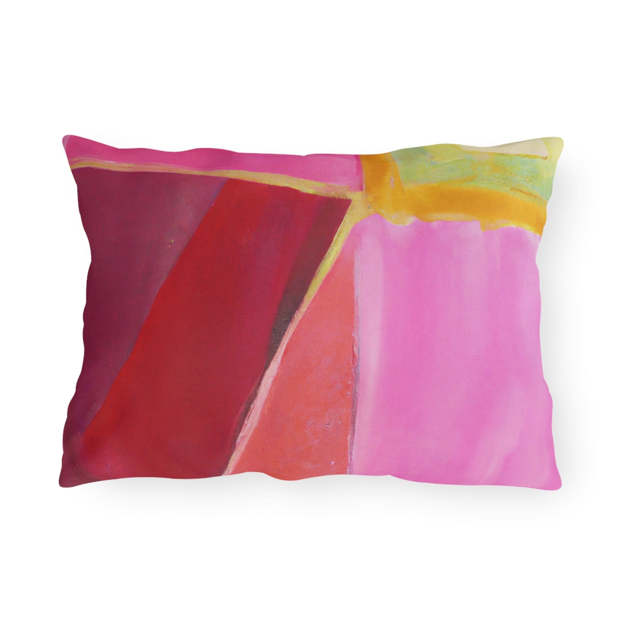 Decorative indoor/outdoor pillow featuring a pink mauve red geometric pattern, perfect for enhancing outdoor decor.