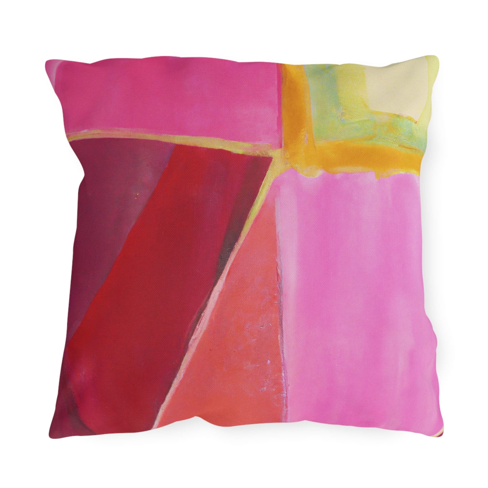 Decorative indoor/outdoor pillow featuring a pink mauve red geometric pattern, perfect for enhancing outdoor decor.