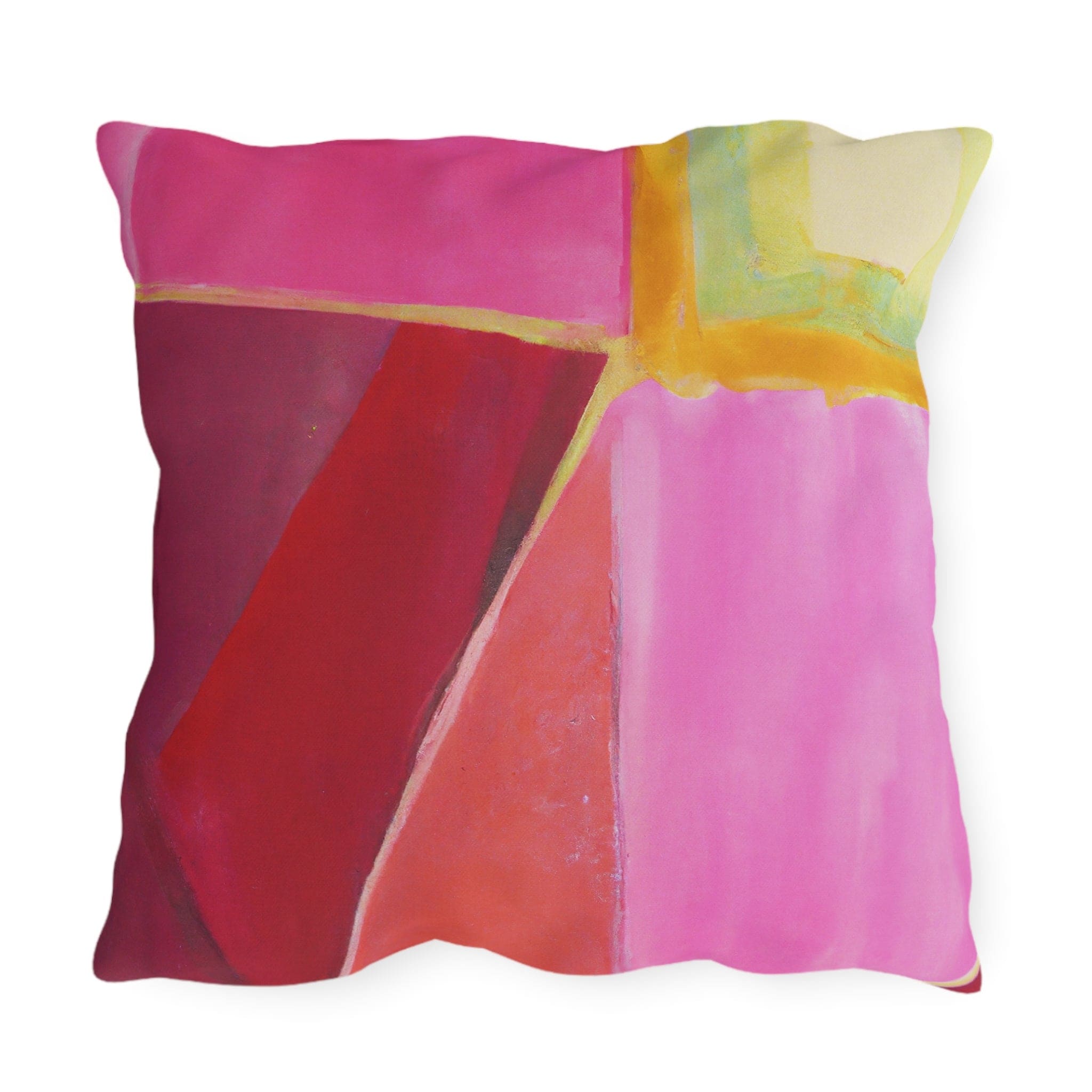 Decorative indoor/outdoor pillow featuring a pink mauve red geometric pattern, perfect for enhancing outdoor decor.