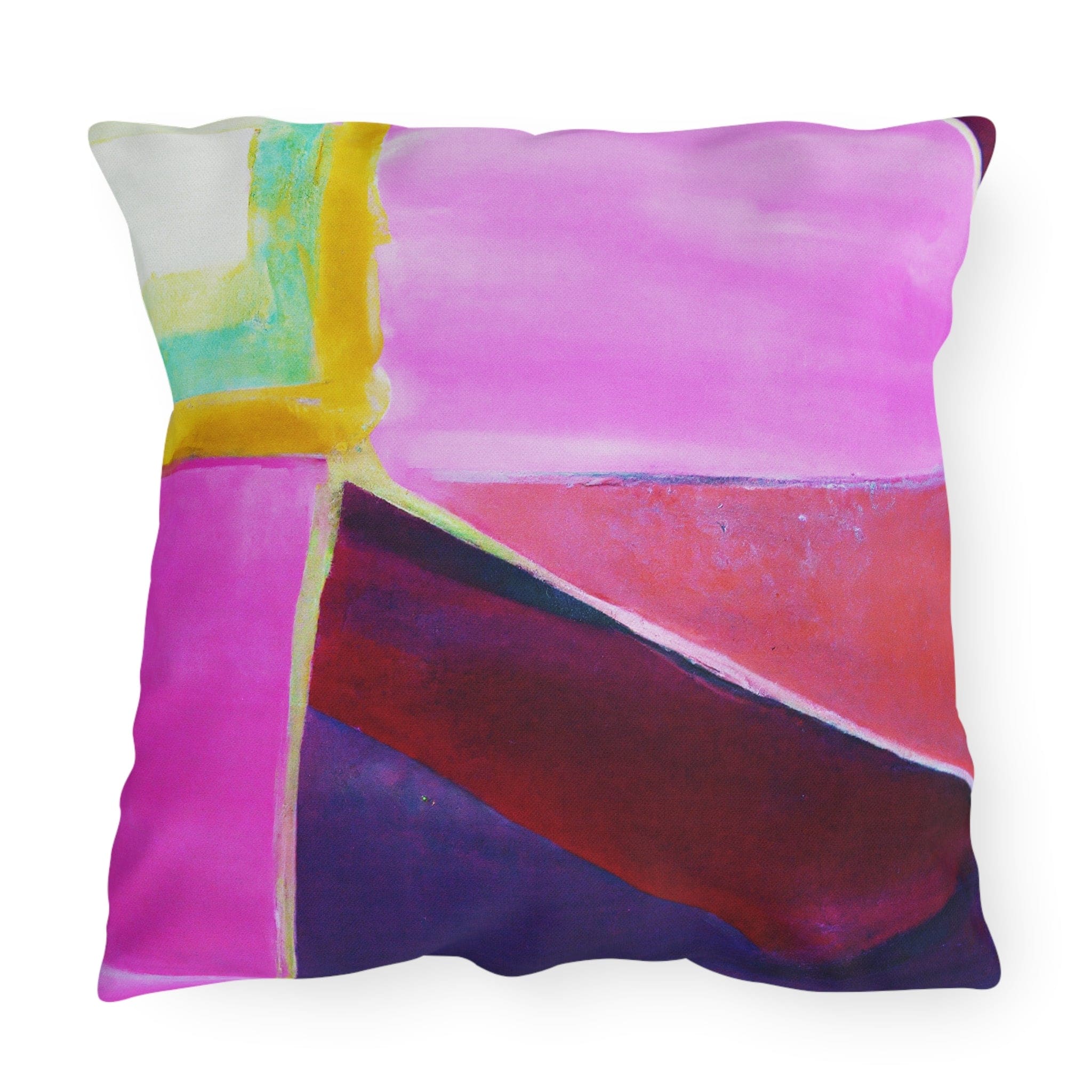 Decorative indoor/outdoor pillow featuring a vibrant pink, purple, and red geometric pattern, ideal for enhancing outdoor decor.