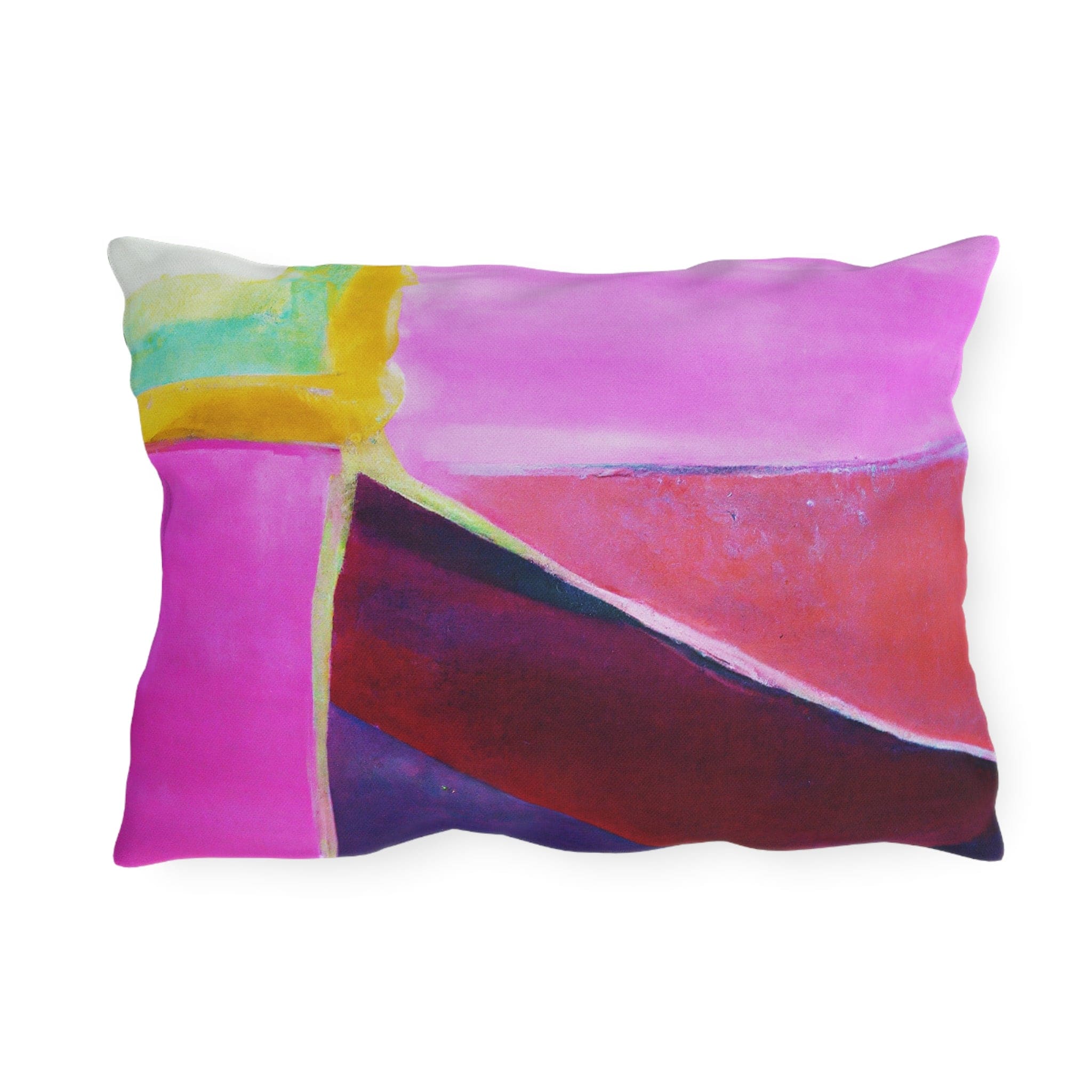 Decorative indoor/outdoor pillow featuring a vibrant pink, purple, and red geometric pattern, ideal for enhancing outdoor decor.