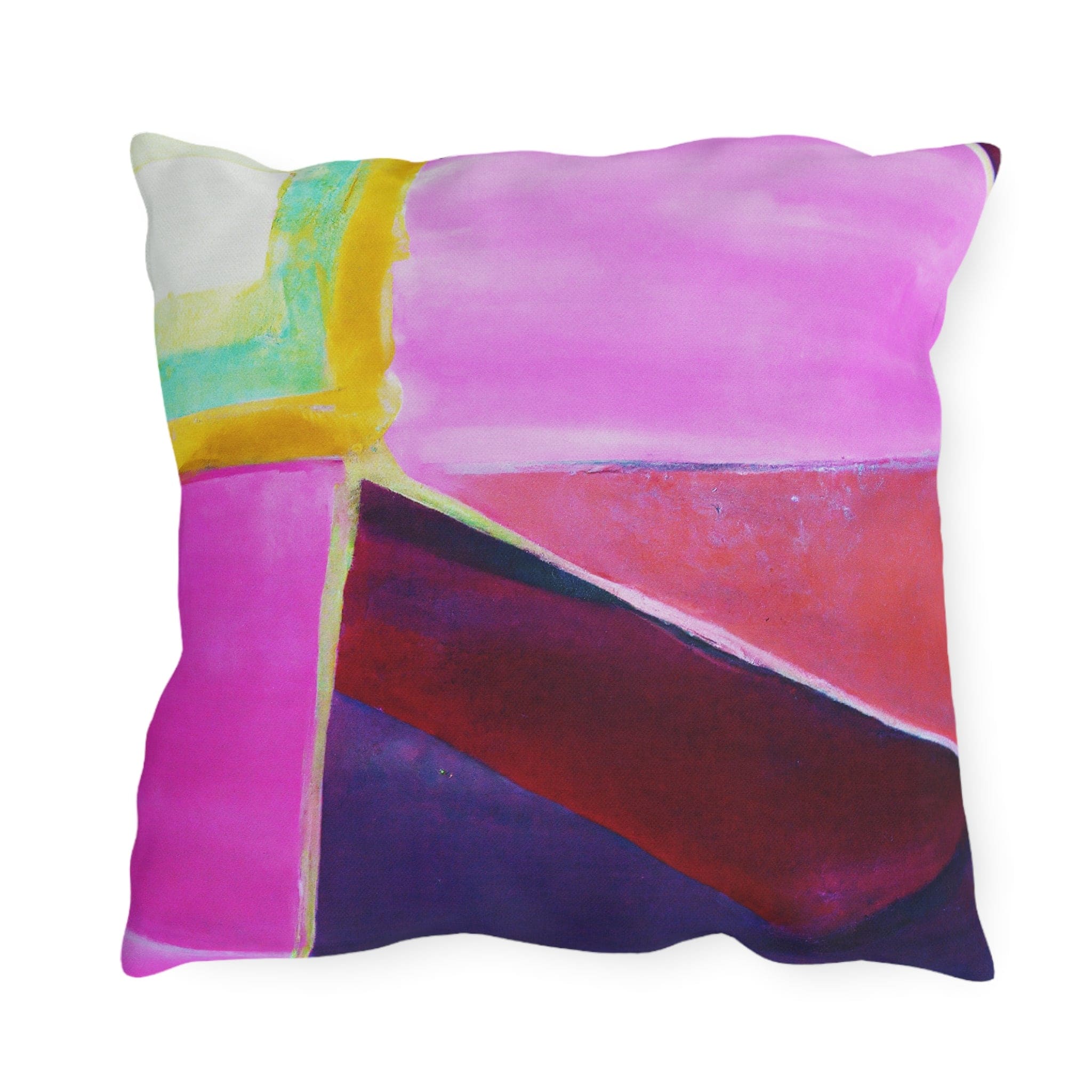 Decorative indoor/outdoor pillow featuring a vibrant pink, purple, and red geometric pattern, ideal for enhancing outdoor decor.