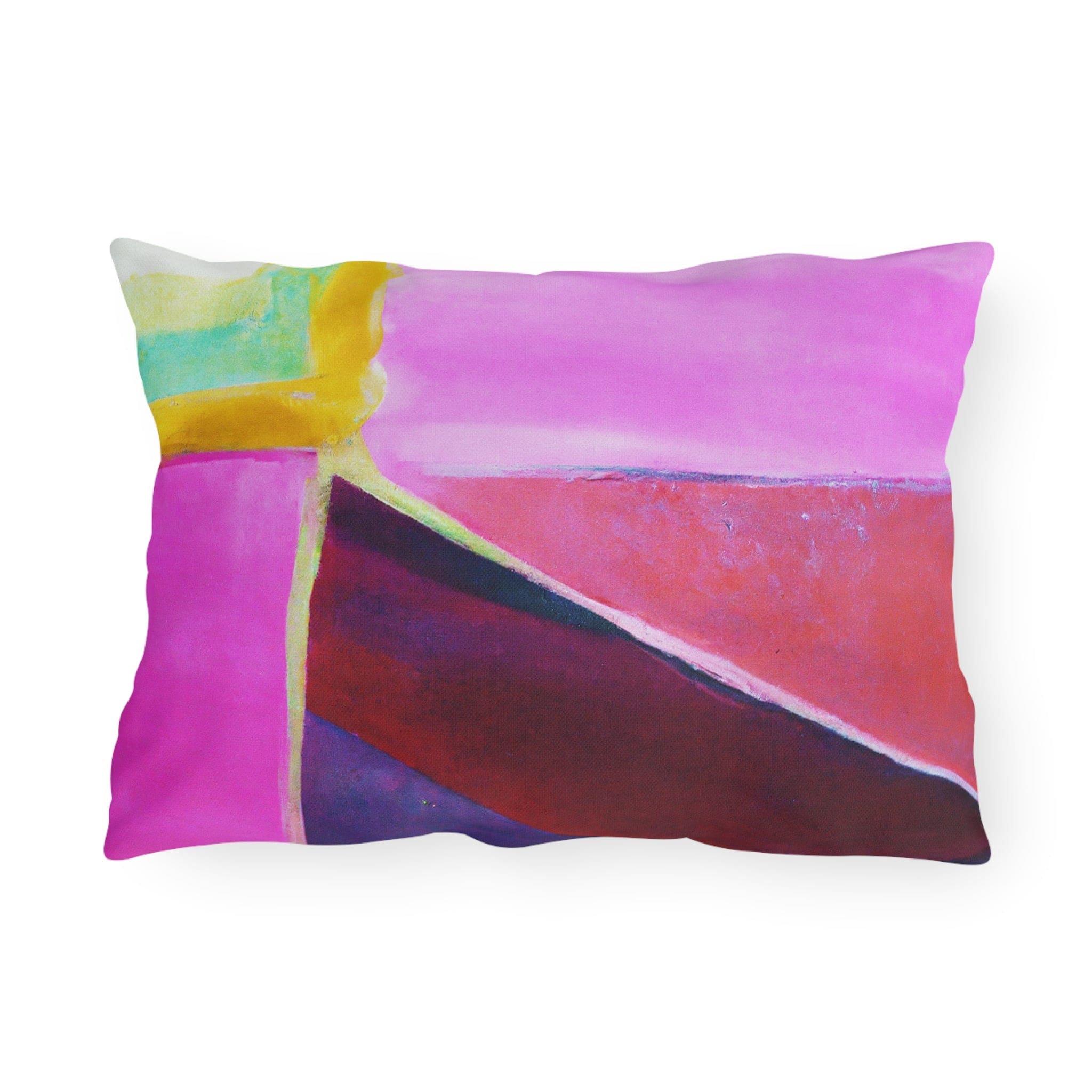 Decorative indoor/outdoor pillow featuring a vibrant pink, purple, and red geometric pattern, ideal for enhancing outdoor decor.