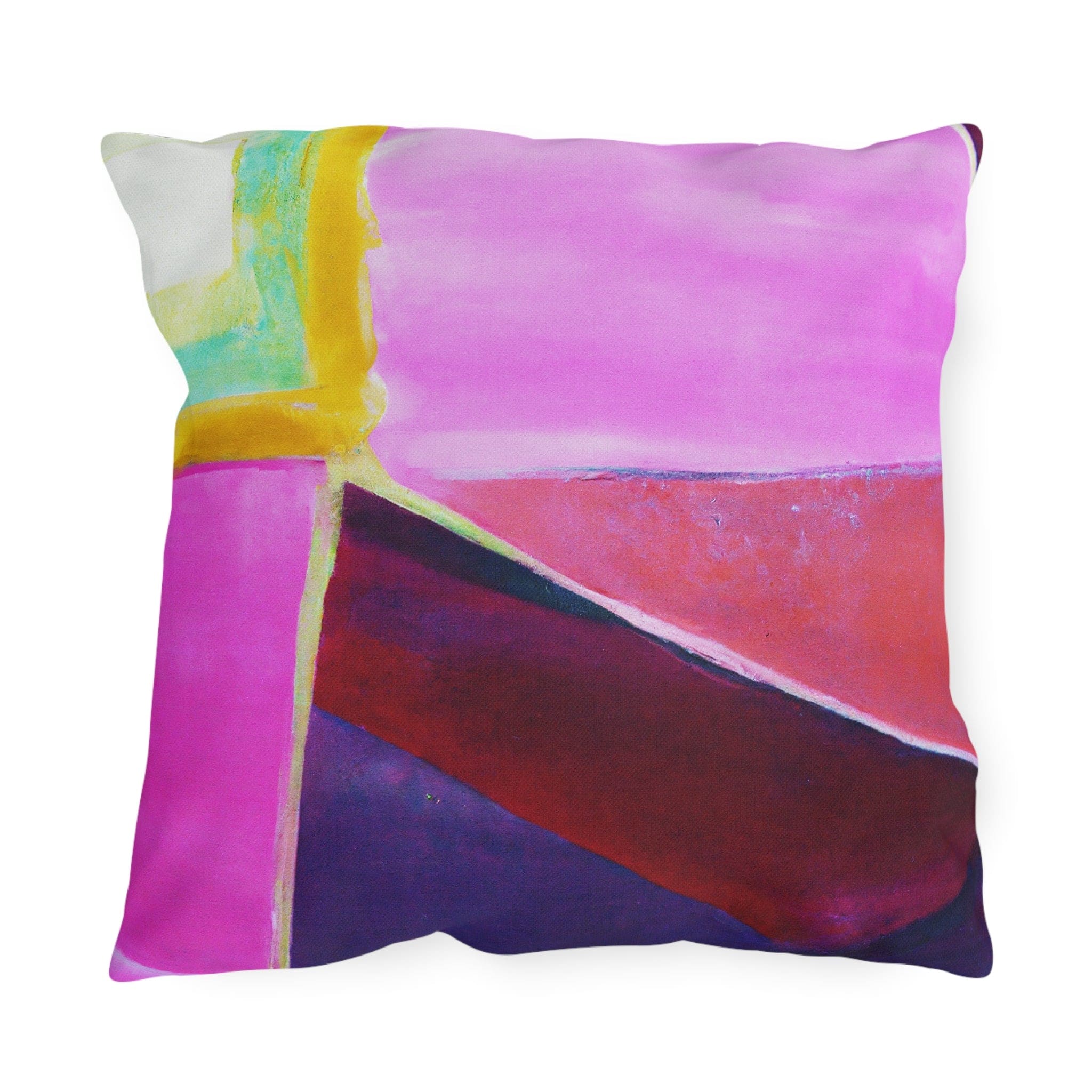 Decorative indoor/outdoor pillow featuring a vibrant pink, purple, and red geometric pattern, ideal for enhancing outdoor decor.