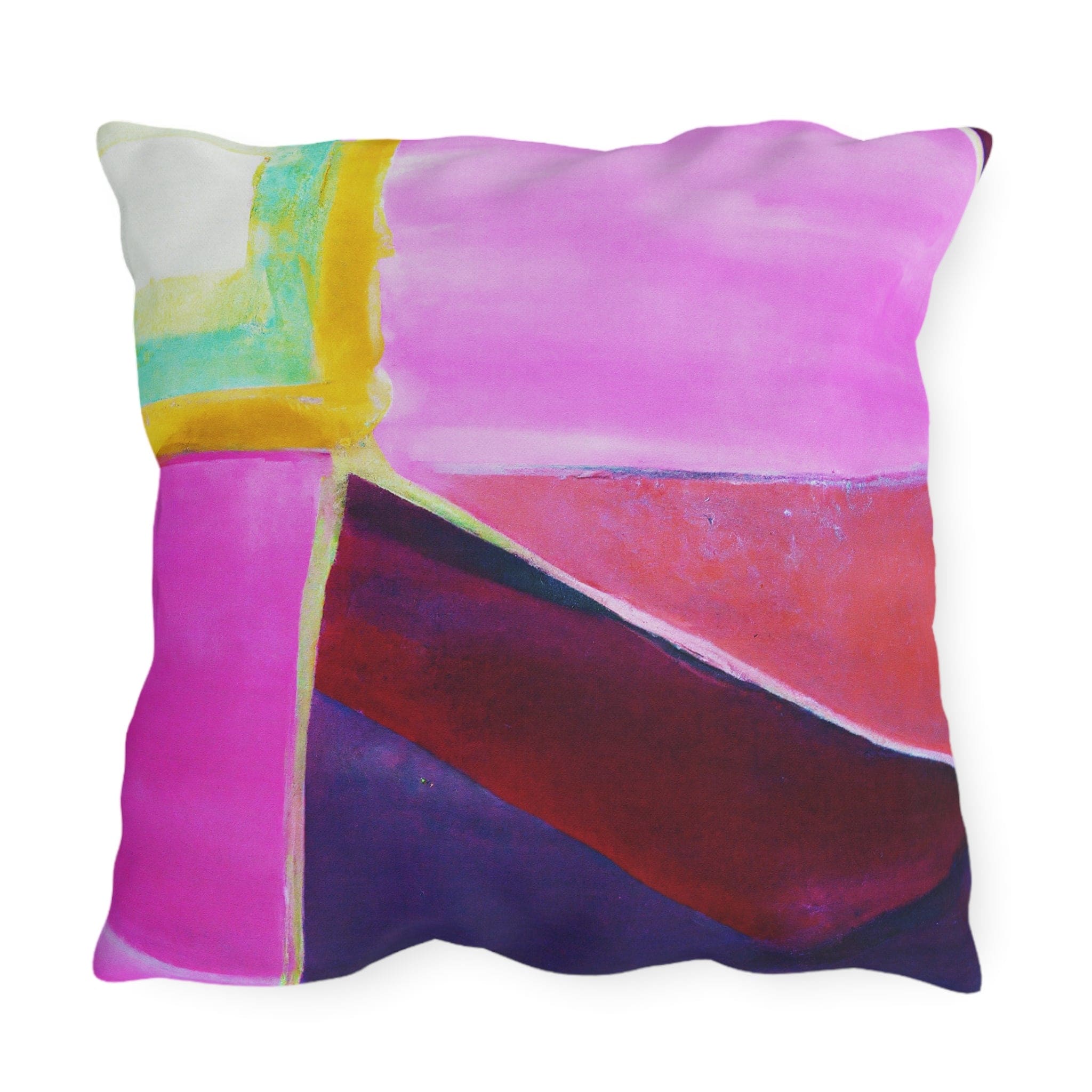 Decorative indoor/outdoor pillow featuring a vibrant pink, purple, and red geometric pattern, ideal for enhancing outdoor decor.