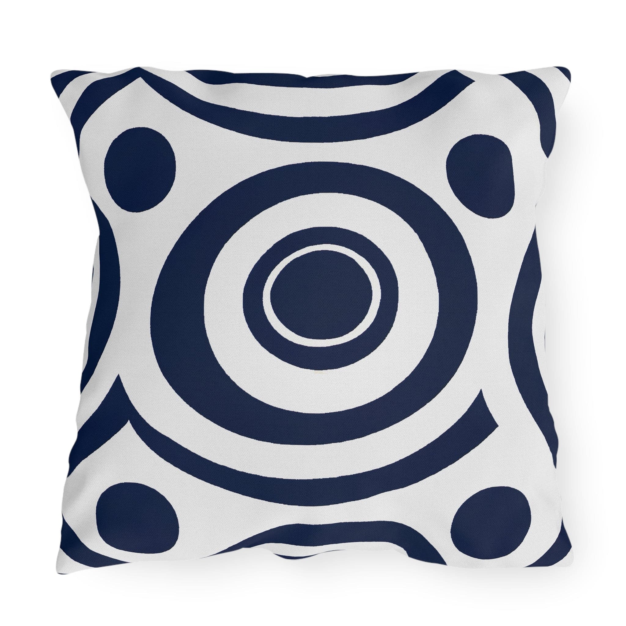 Navy blue and white circular decorative throw pillow designed for indoor and outdoor use, showcasing vibrant patterns and quality craftsmanship.